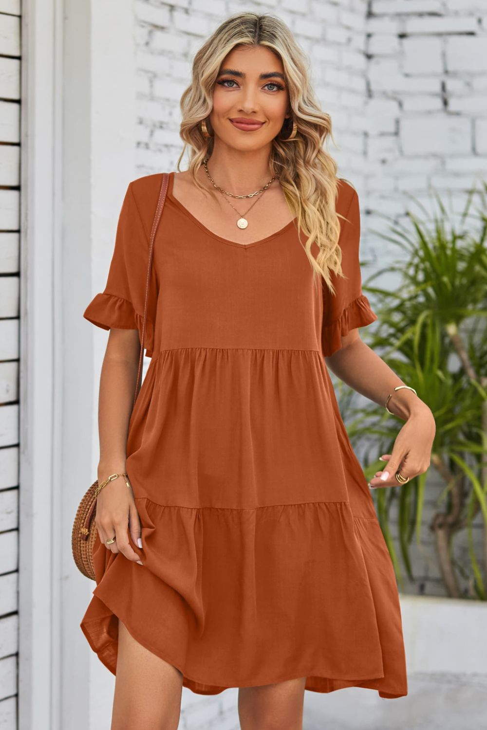 v-neck flounce sleeve tiered dress