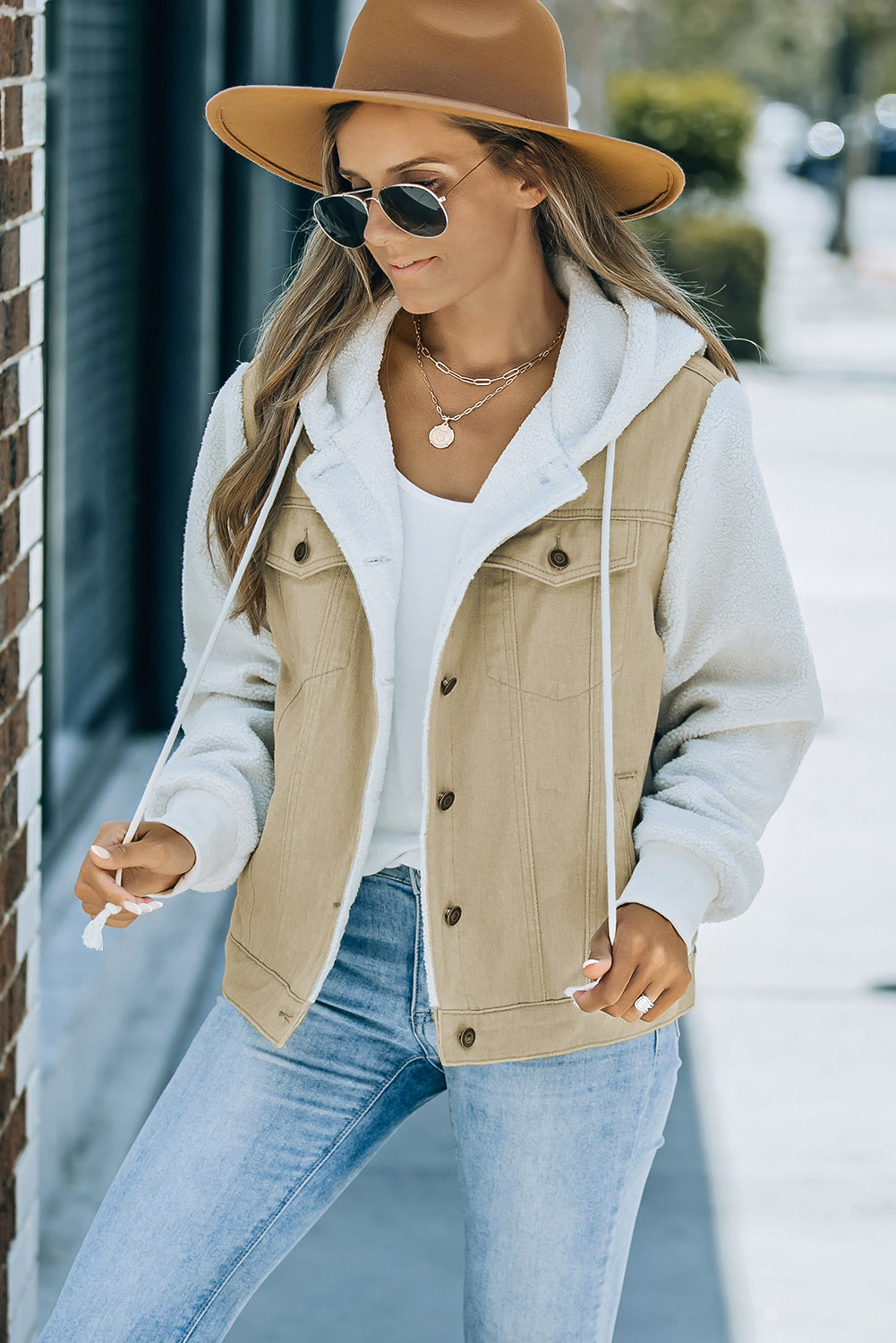 two-tone spliced denim sherpa hooded jacket