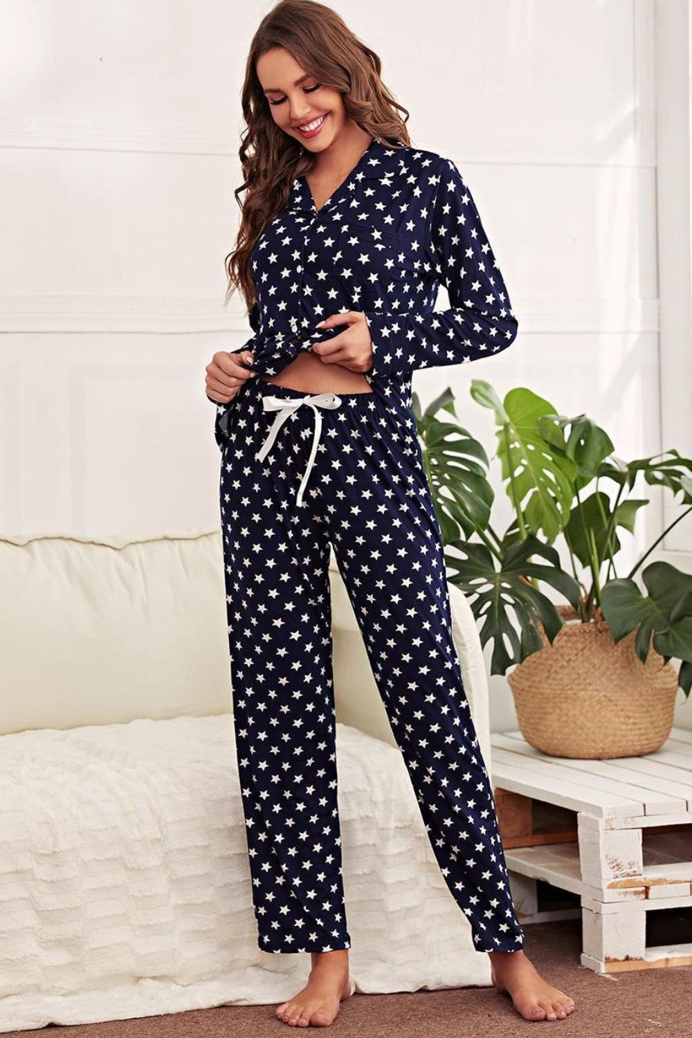 star print button-up shirt and pants lounge set