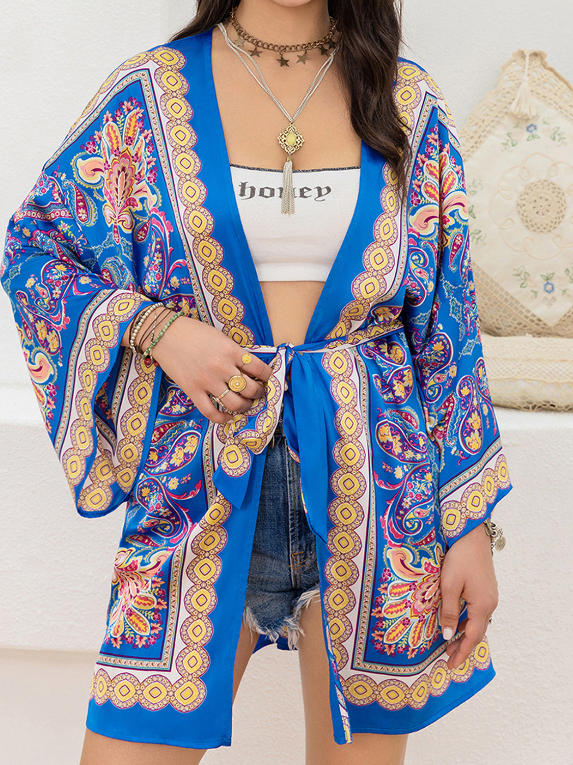 printed tie belt long sleeve cardigan