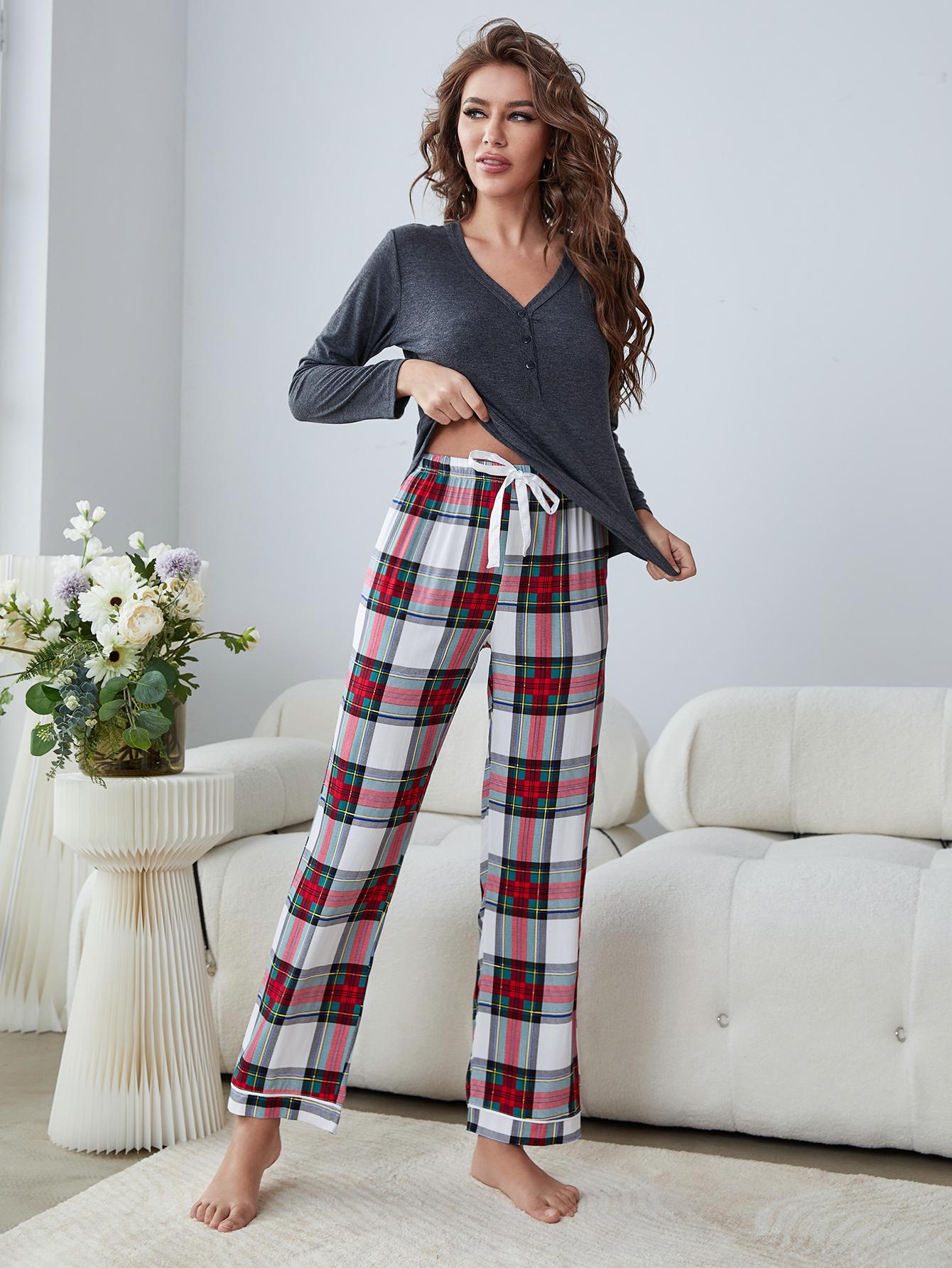 buttoned long sleeve top and plaid pants lounge set