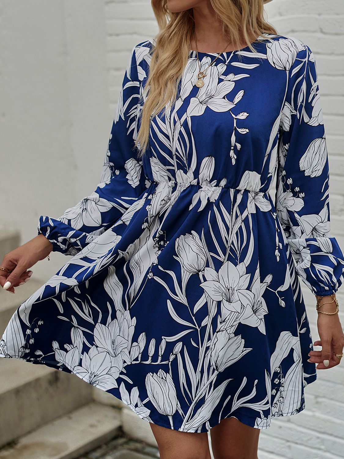 floral round neck long sleeve mini dress