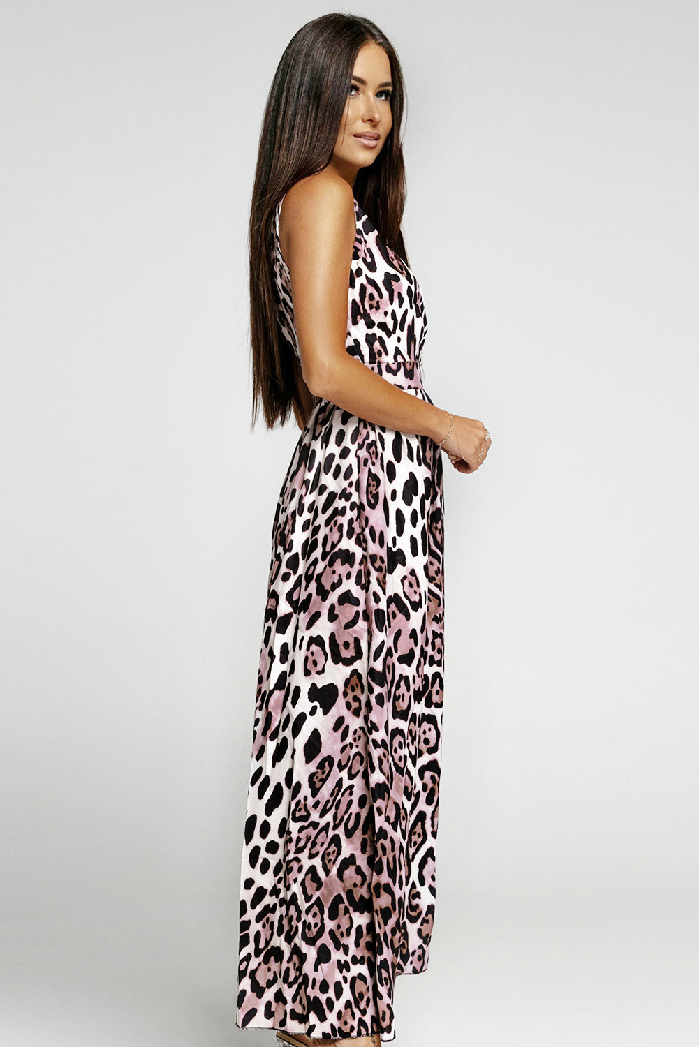 leopard print open back split sleeveless dress