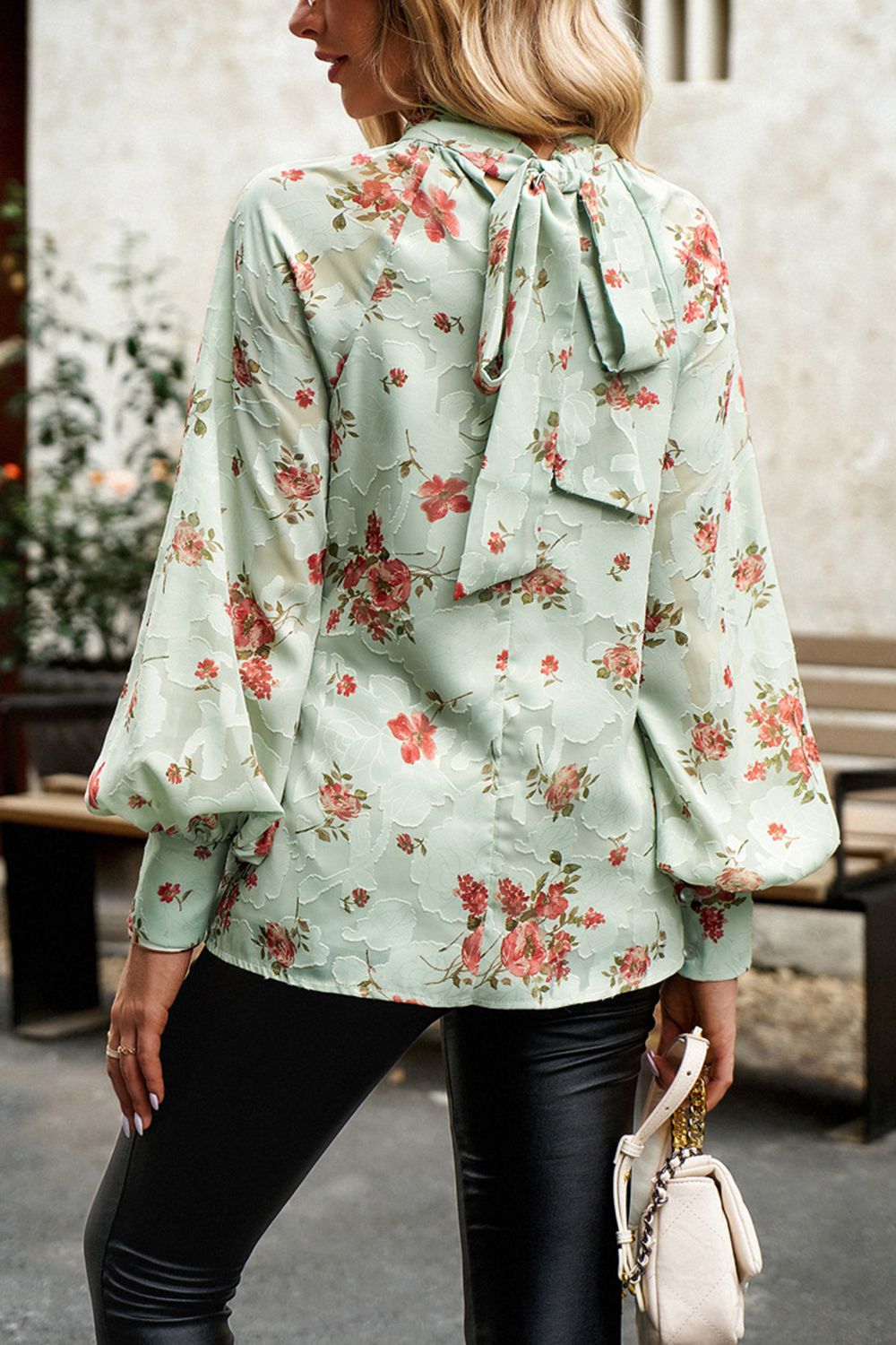 floral print mock neck lantern sleeve blouse