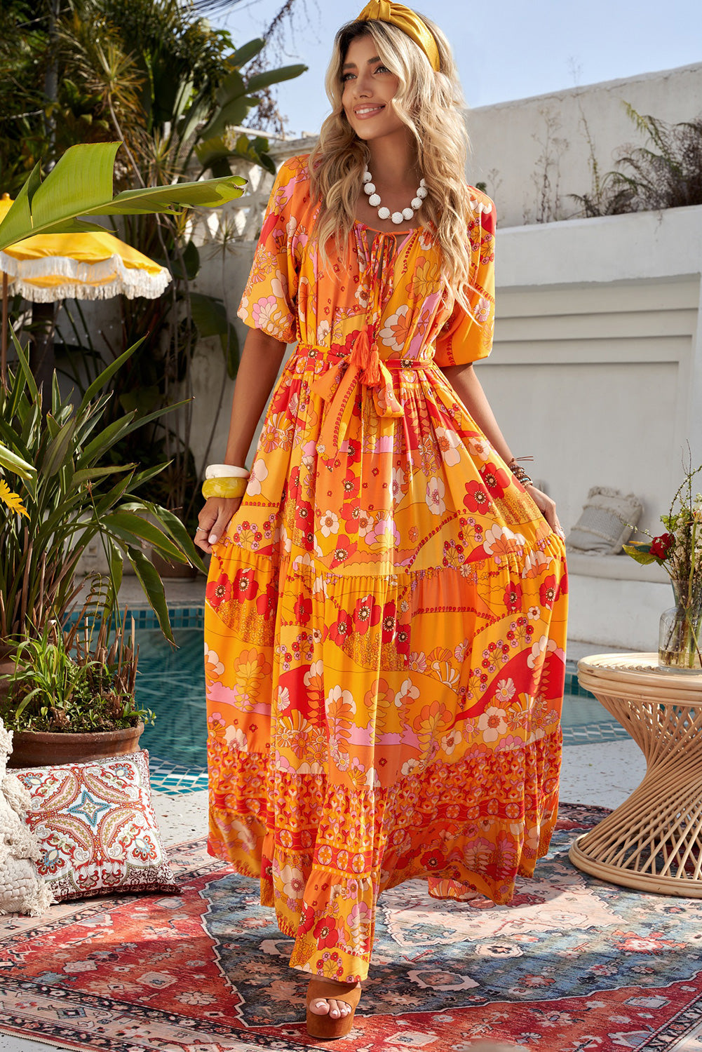 bohemian tie-waist tiered maxi dress