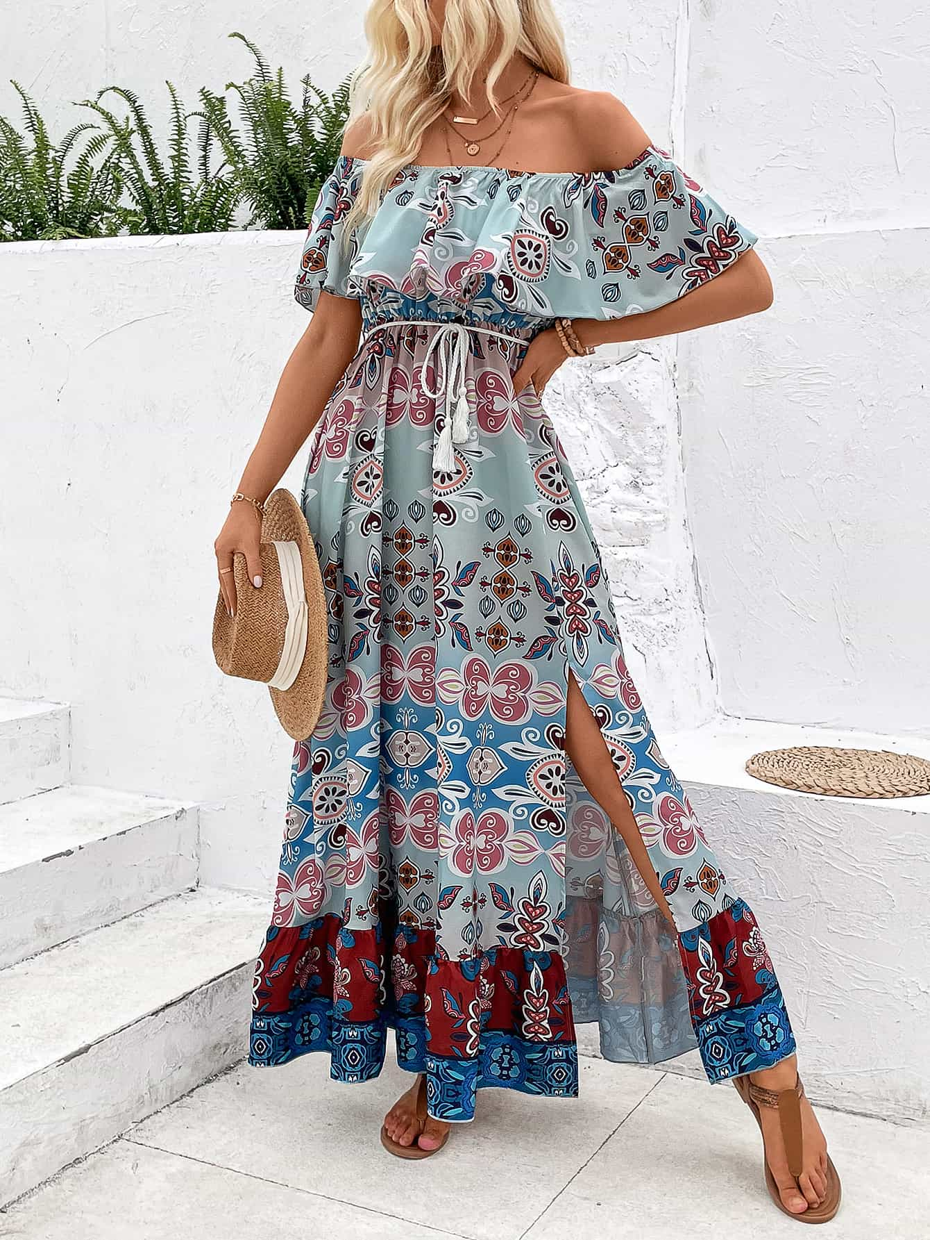 printed off-shoulder slit maxi dress