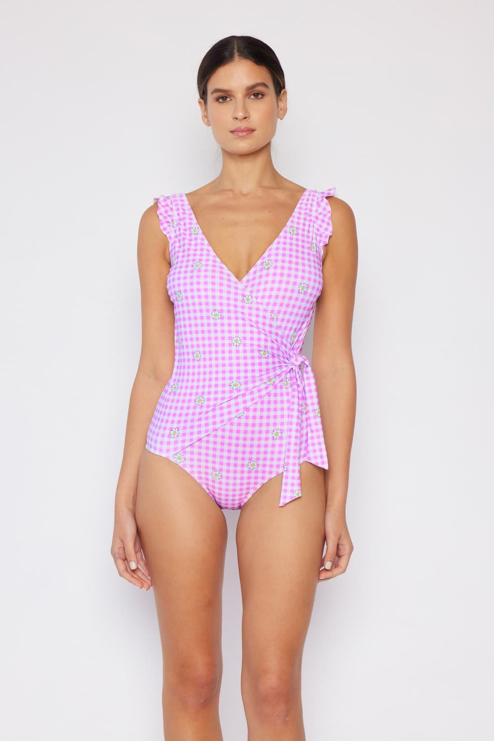 marina west swim full size float on ruffle faux wrap one-piece in carnation pink