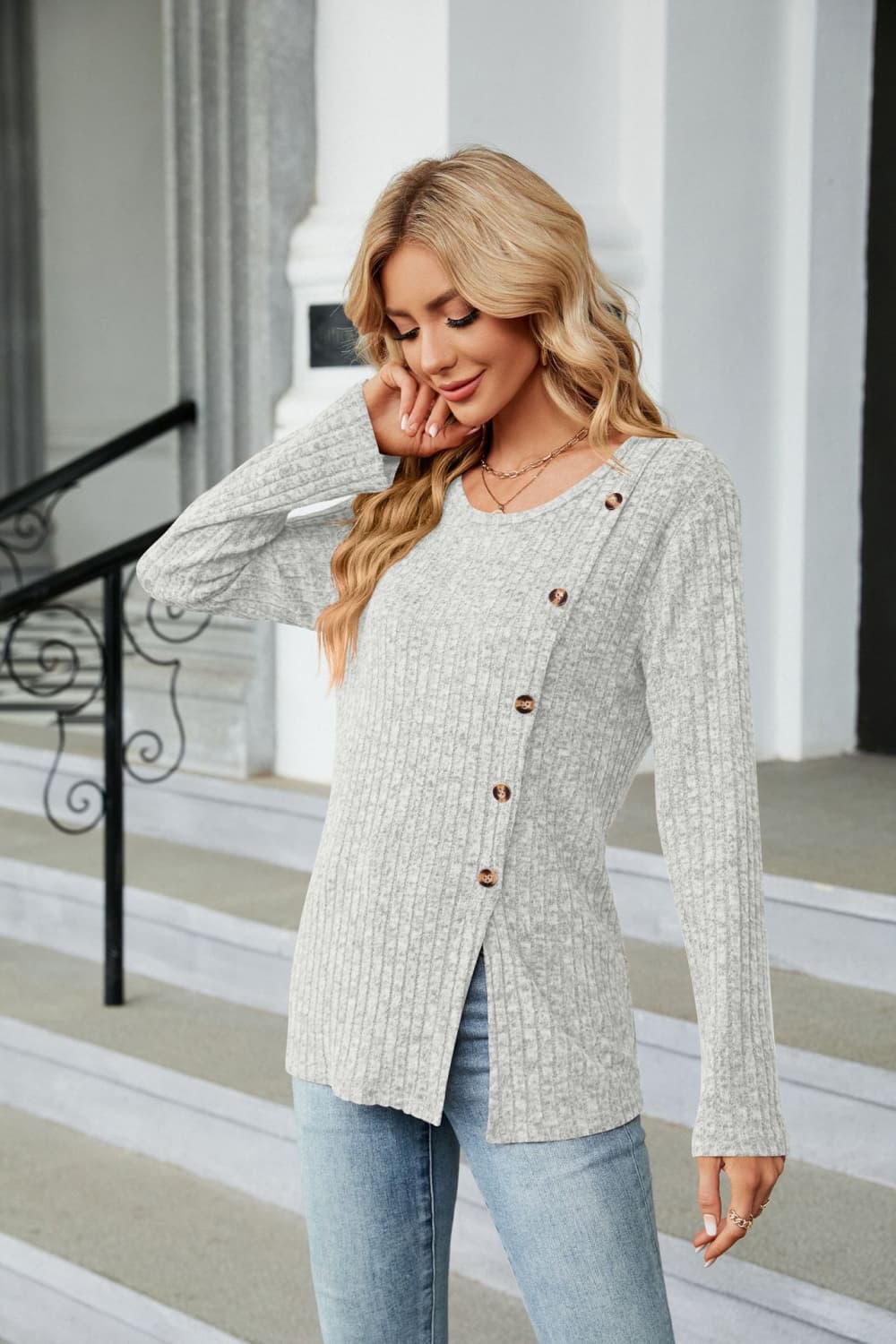 buttoned long sleeve slit top