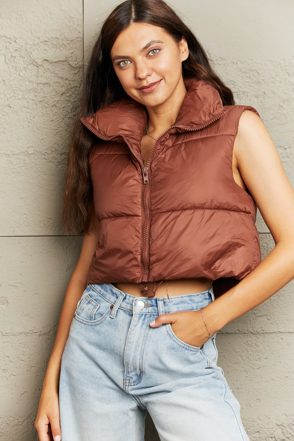 zip-up drawstring puffer vest