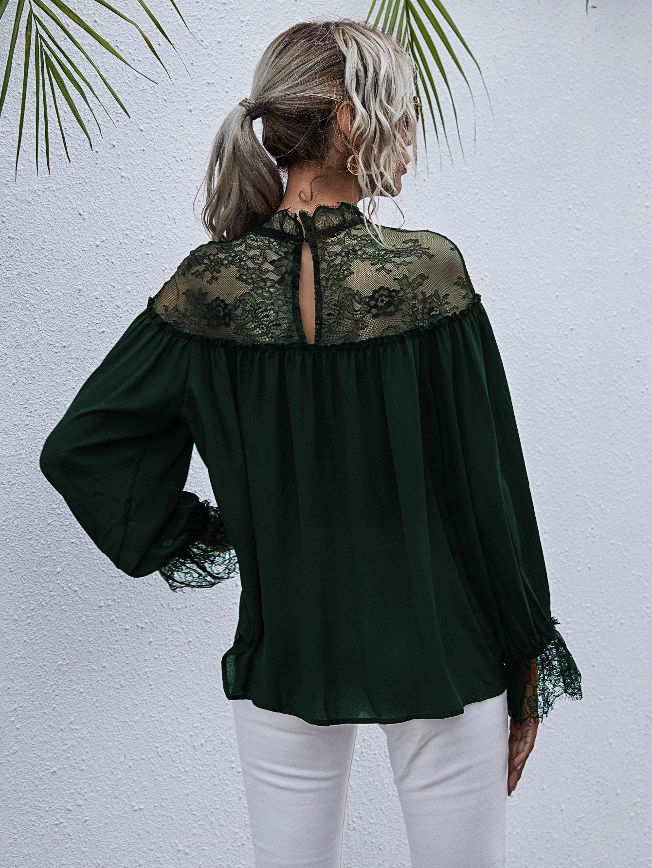 semi-sheer lace trim mock neck blouse