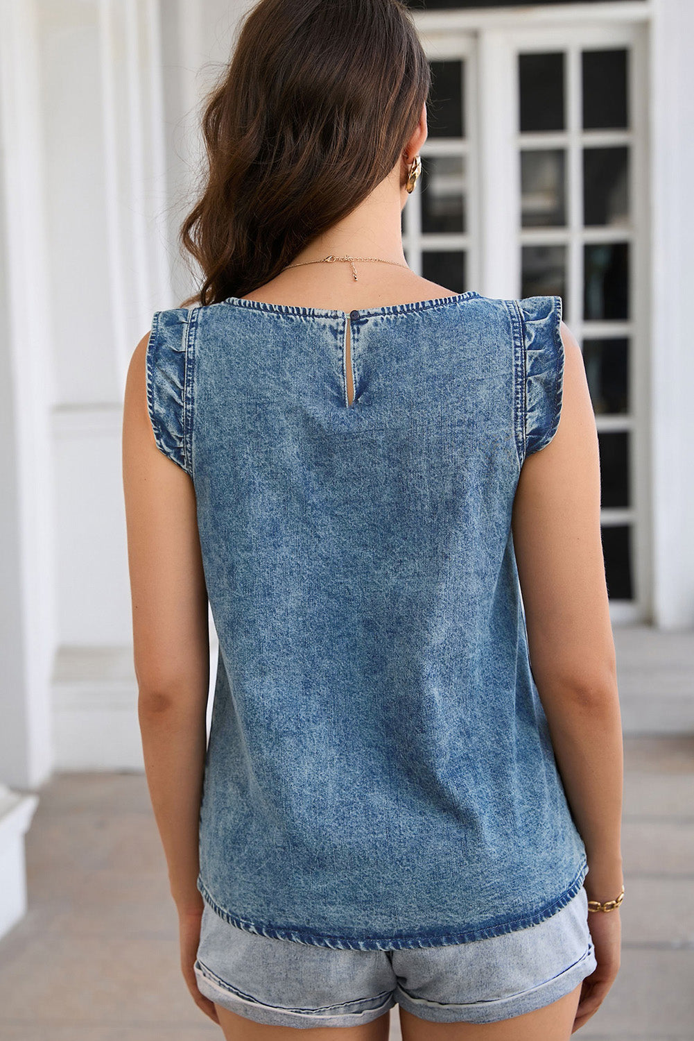 acid wash round neck denim tank