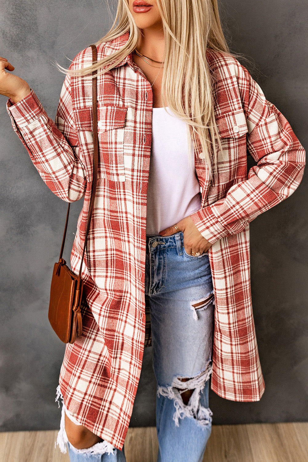 double take plaid button-up longline shacket with breast pockets