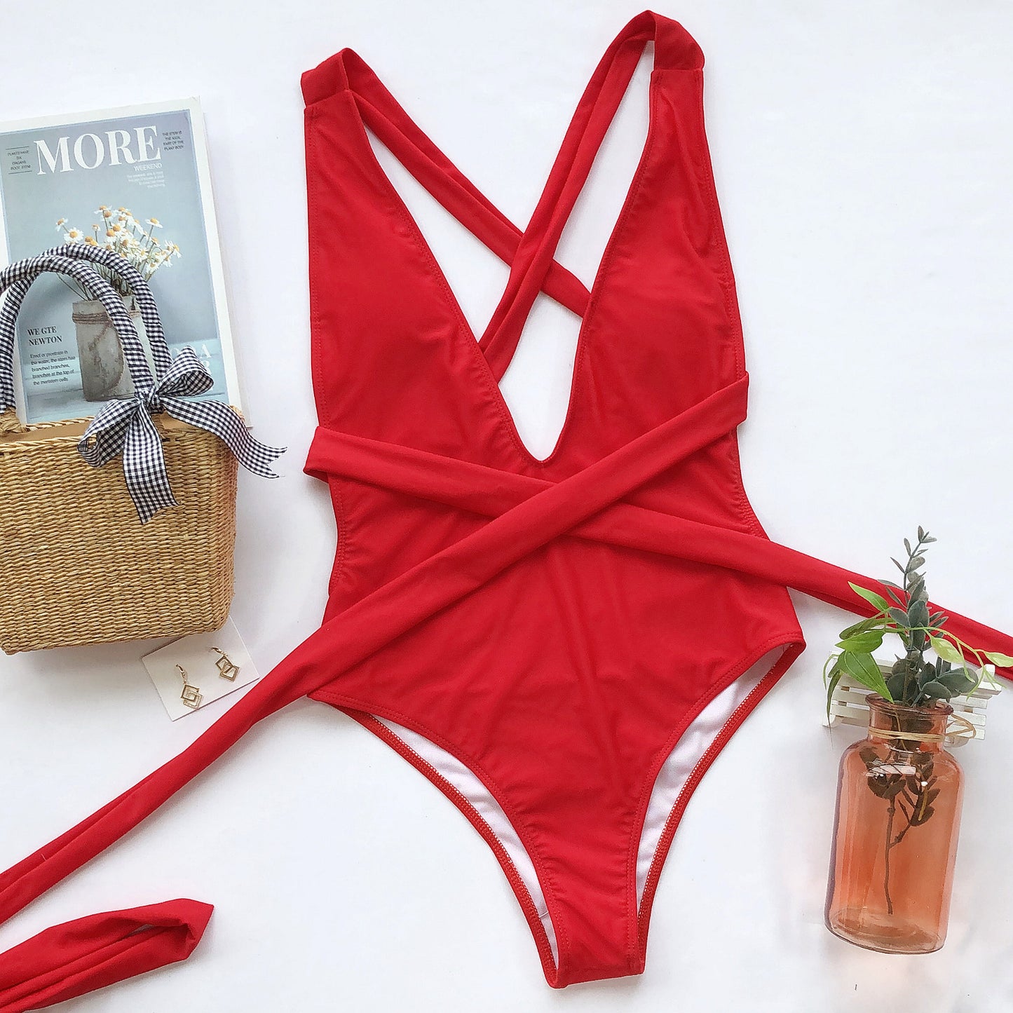 halter neck deep v tied one-piece swimsuit