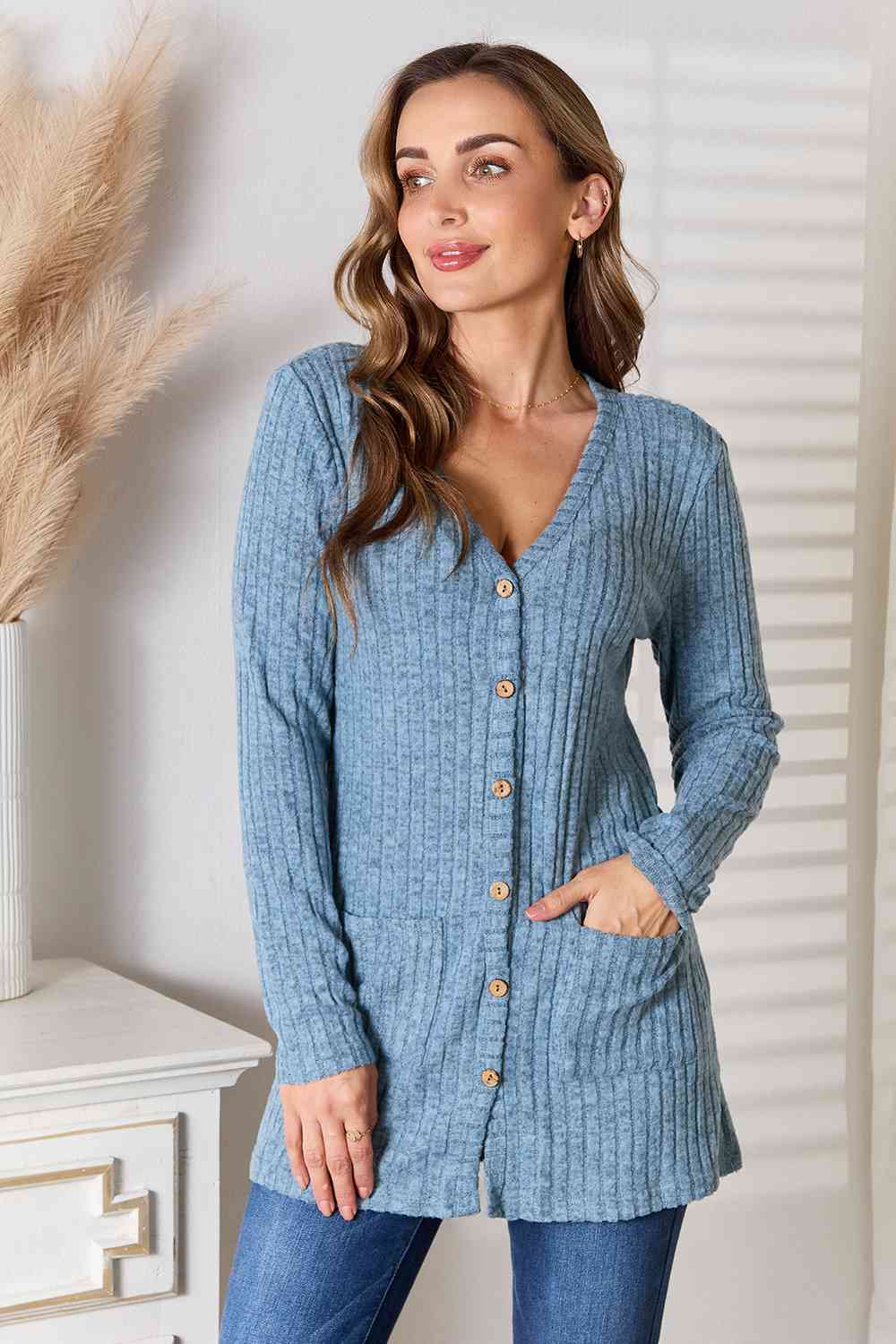 double take ribbed button-up cardigan with pockets