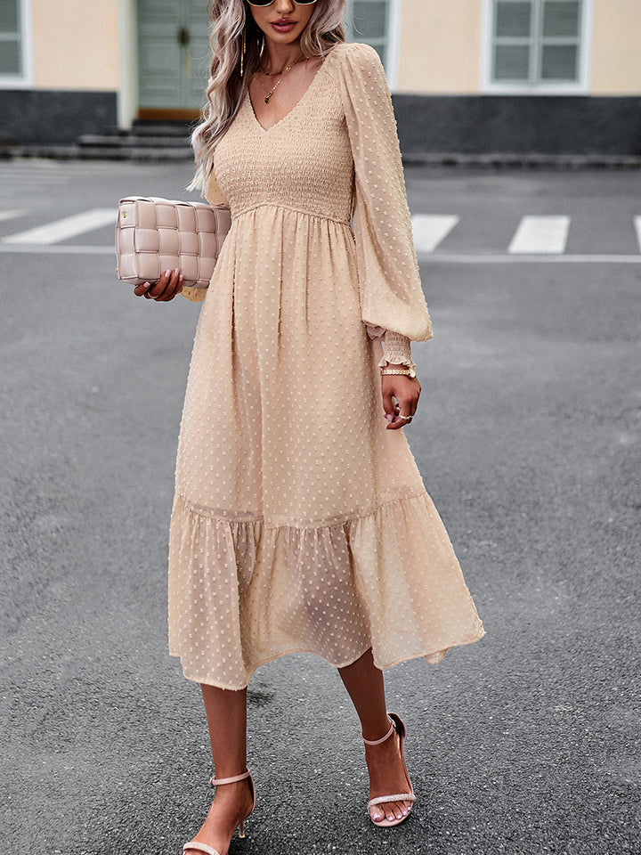 swiss dot v-neck flounce sleeve midi dress