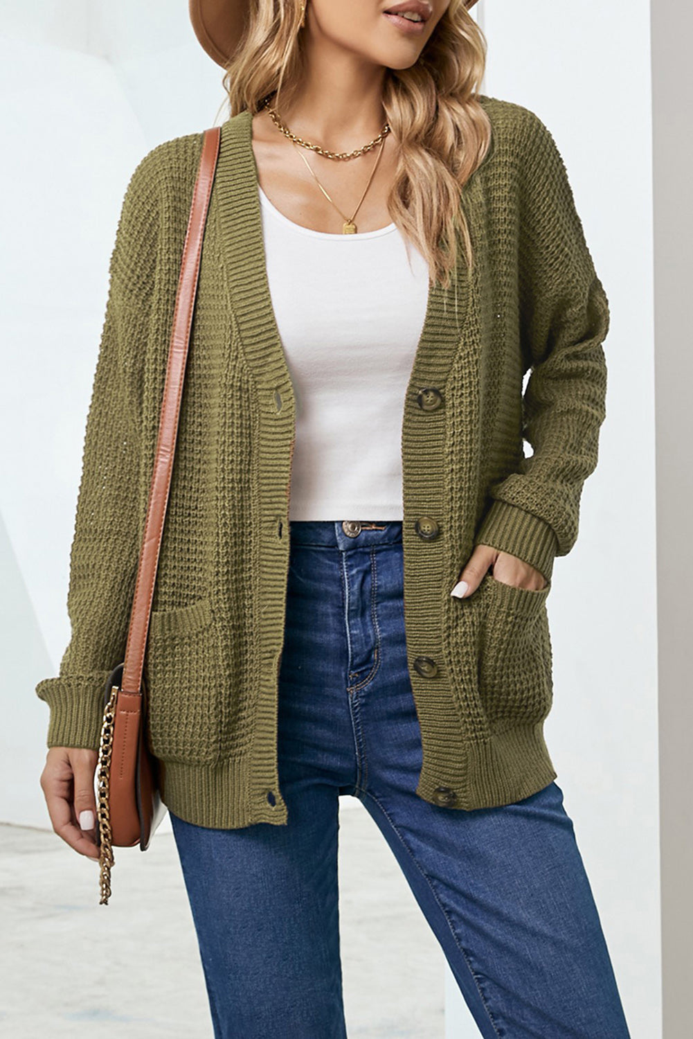 drop shoulder button down pocketed cardigan