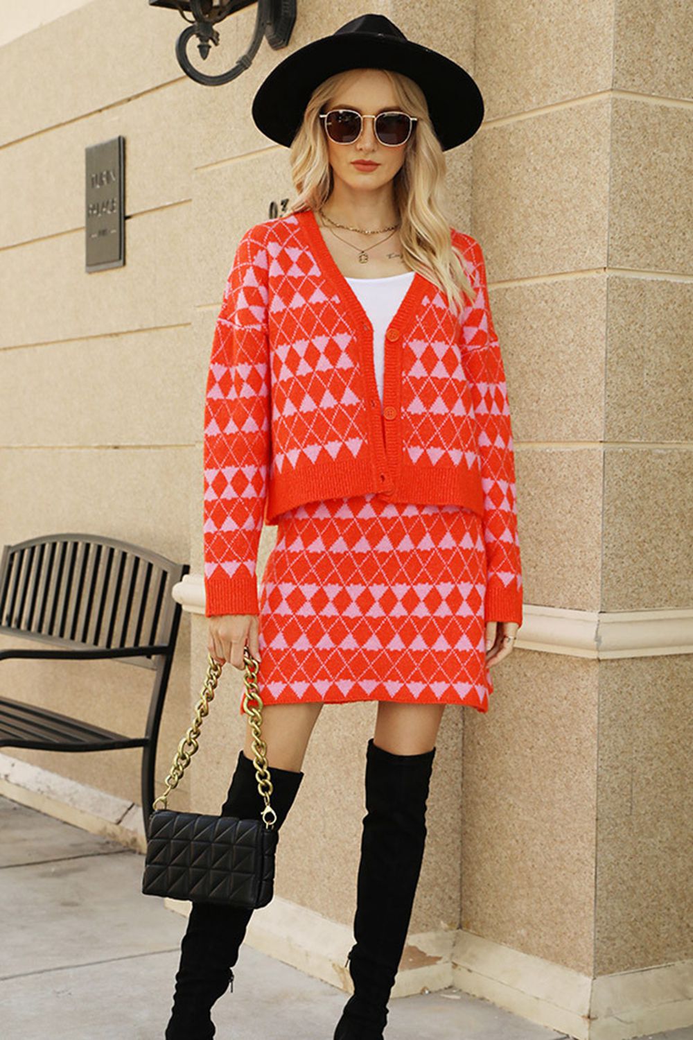 geometric dropped shoulder cardigan and knit skirt set