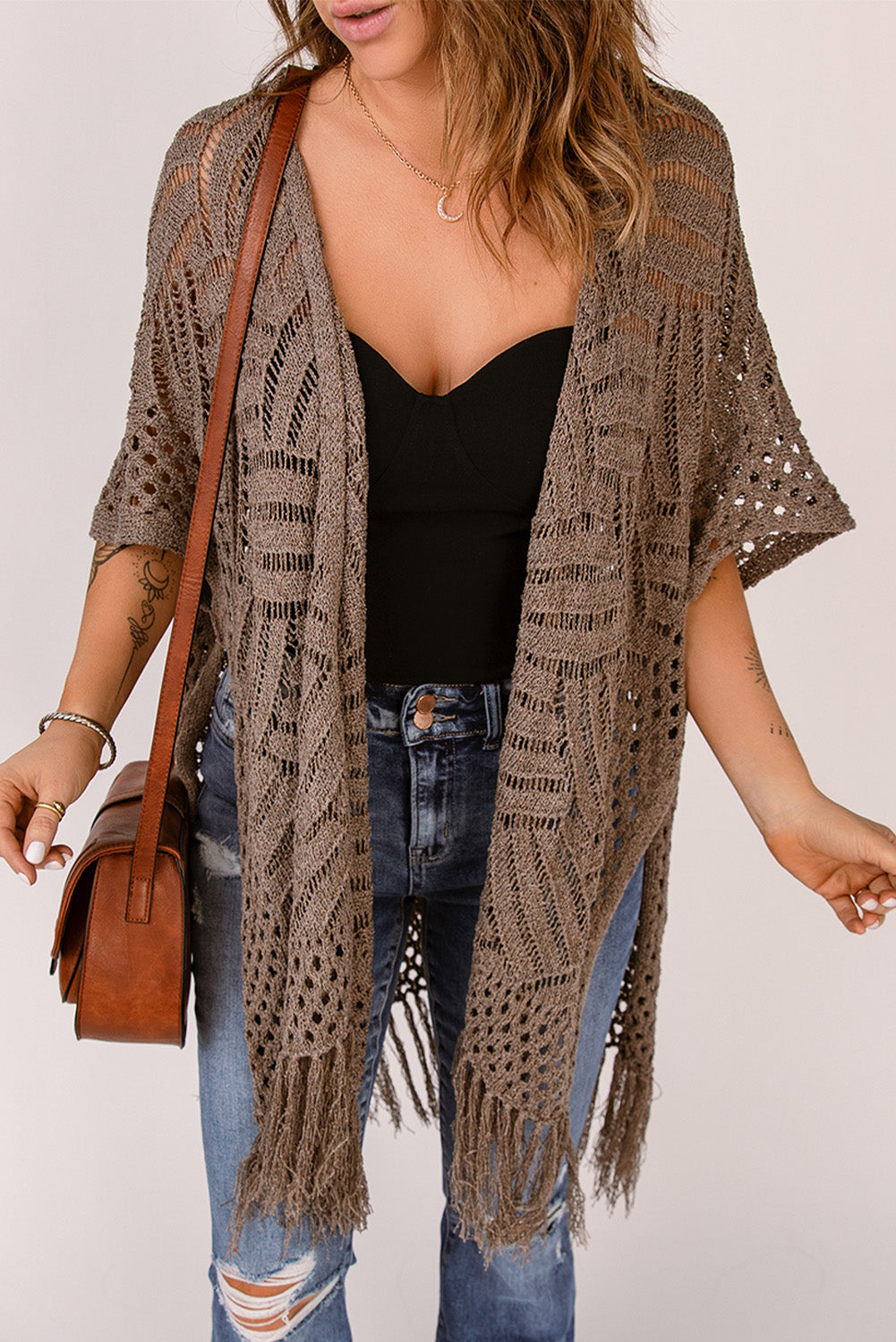 fringe hem slit open front cardigan