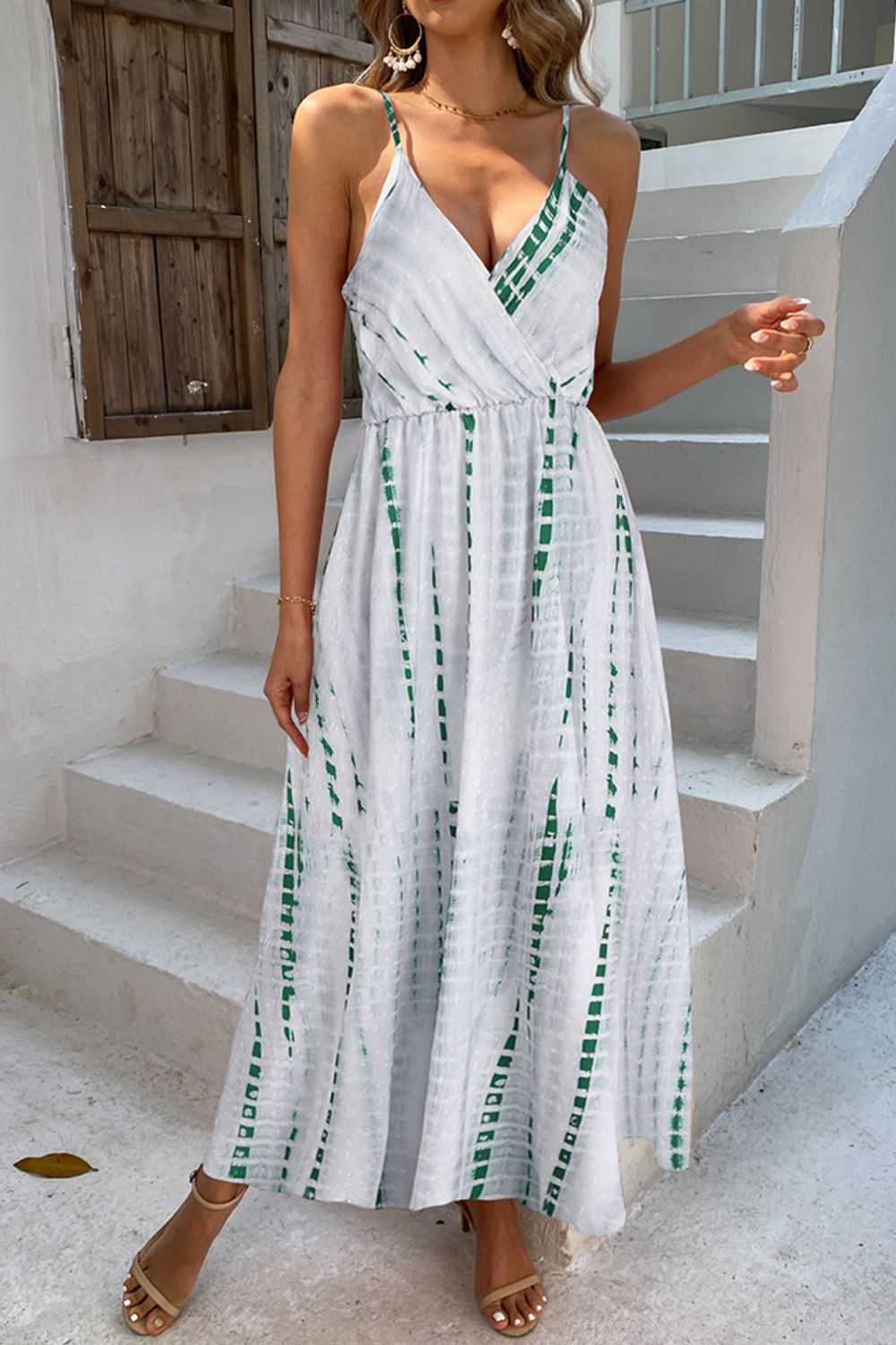 printed surplice adjustable spaghetti strap maxi dress