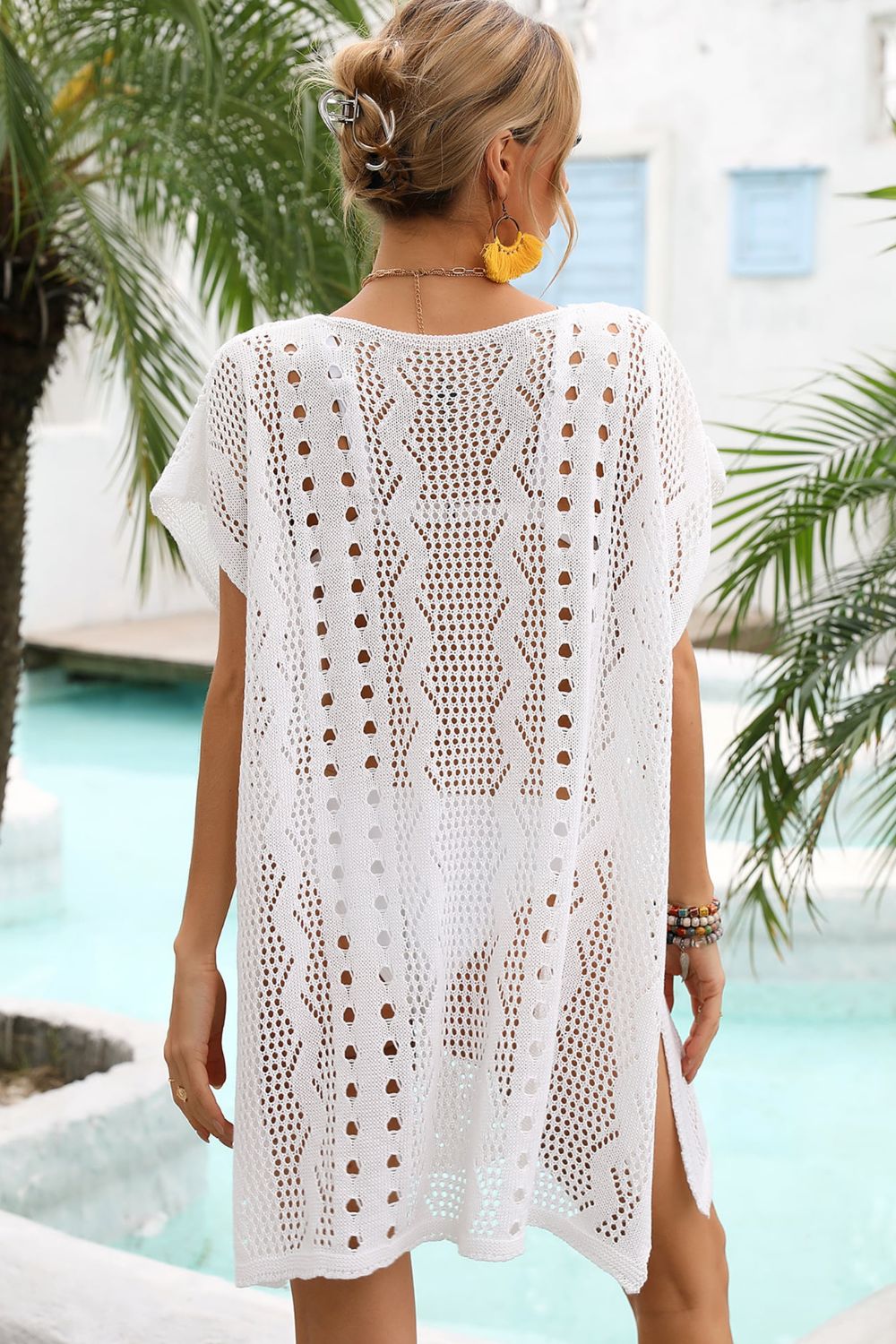 openwork plunge dolman sleeve cover-up dress