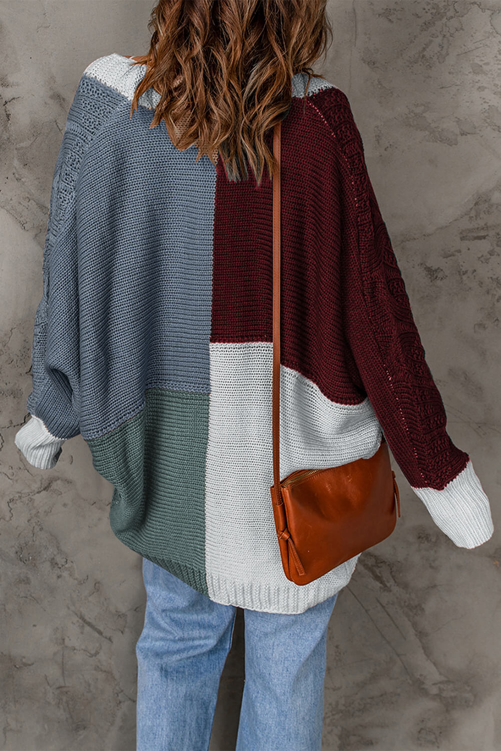 woven right color block cable-knit batwing sleeve cardigan