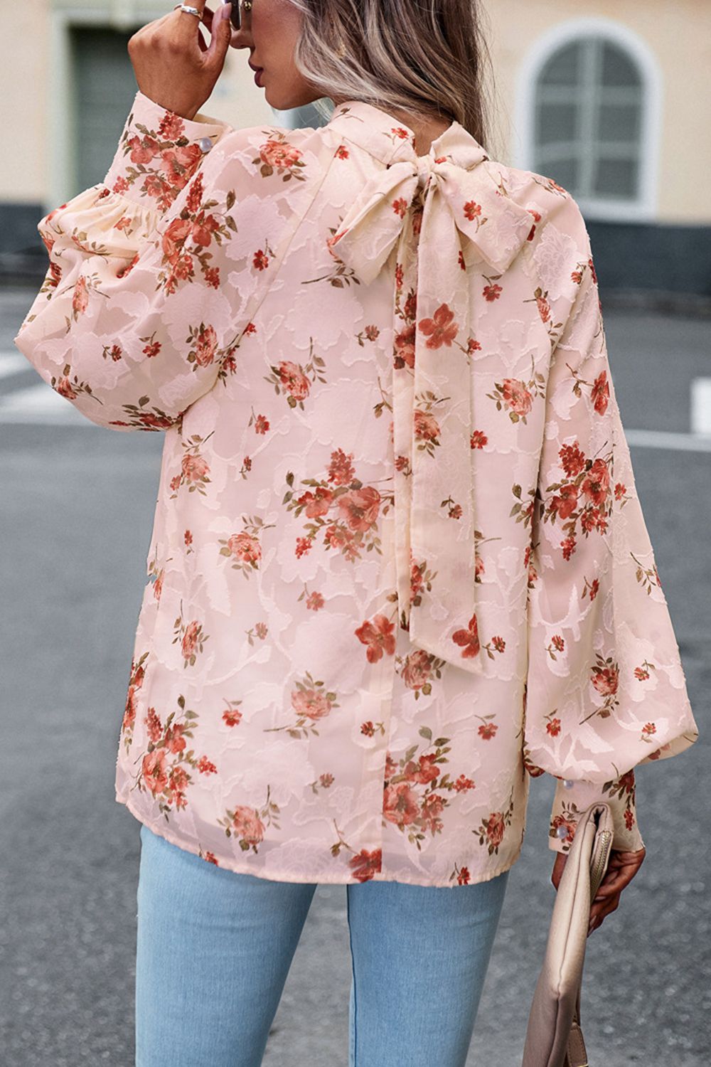floral print mock neck lantern sleeve blouse