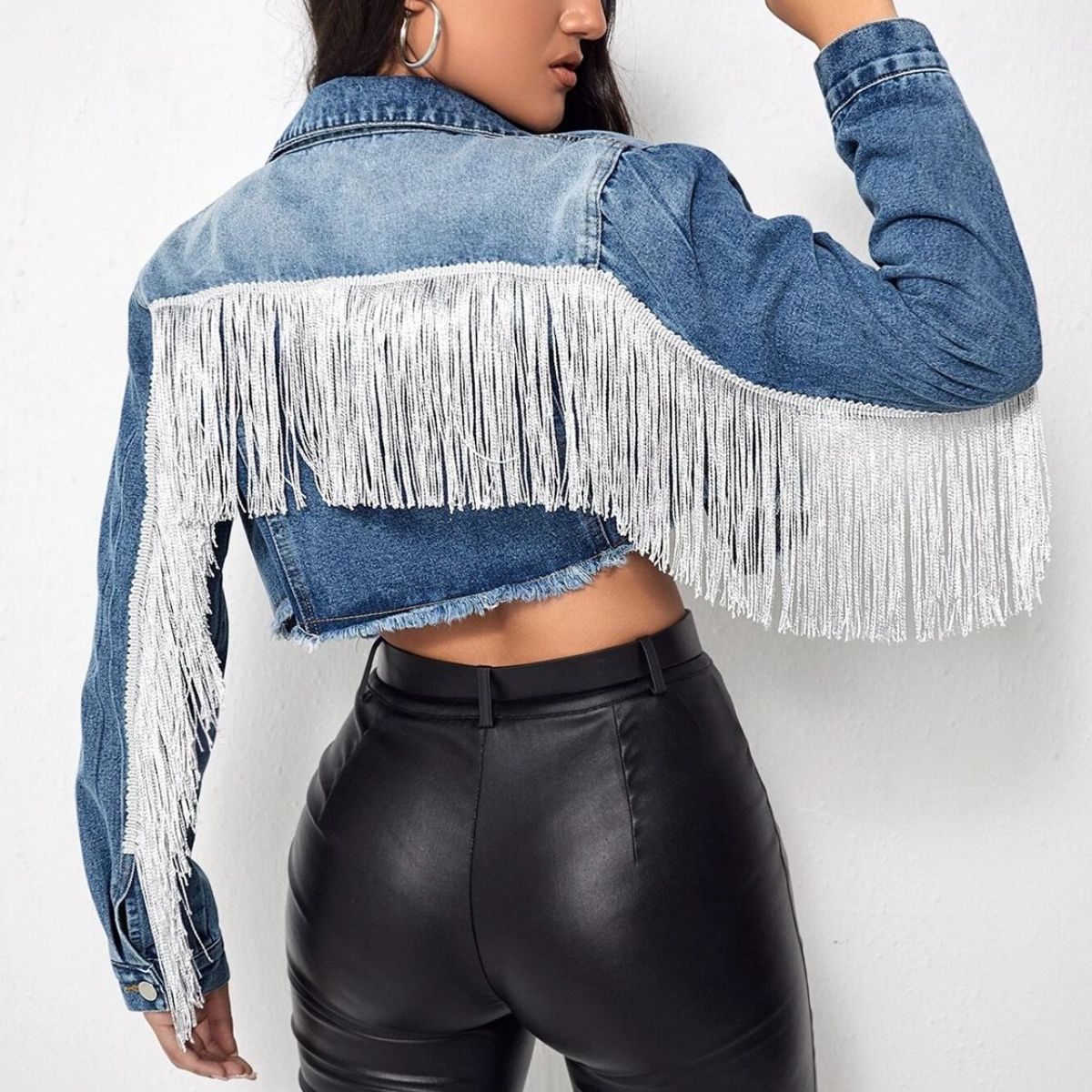 fringe detail long sleeve cropped denim jacket