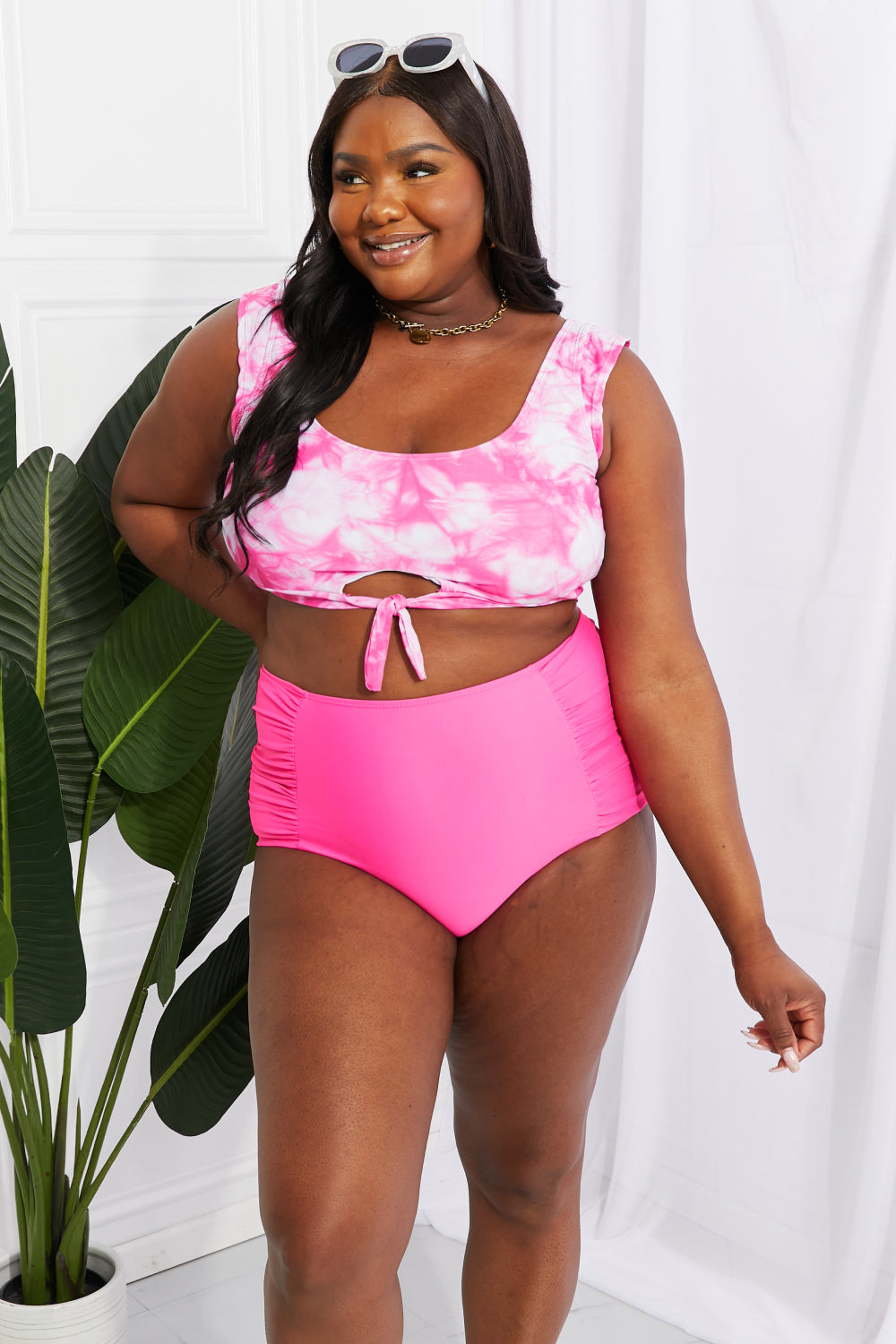 marina west swim sanibel crop swim top and ruched bottoms set in pink