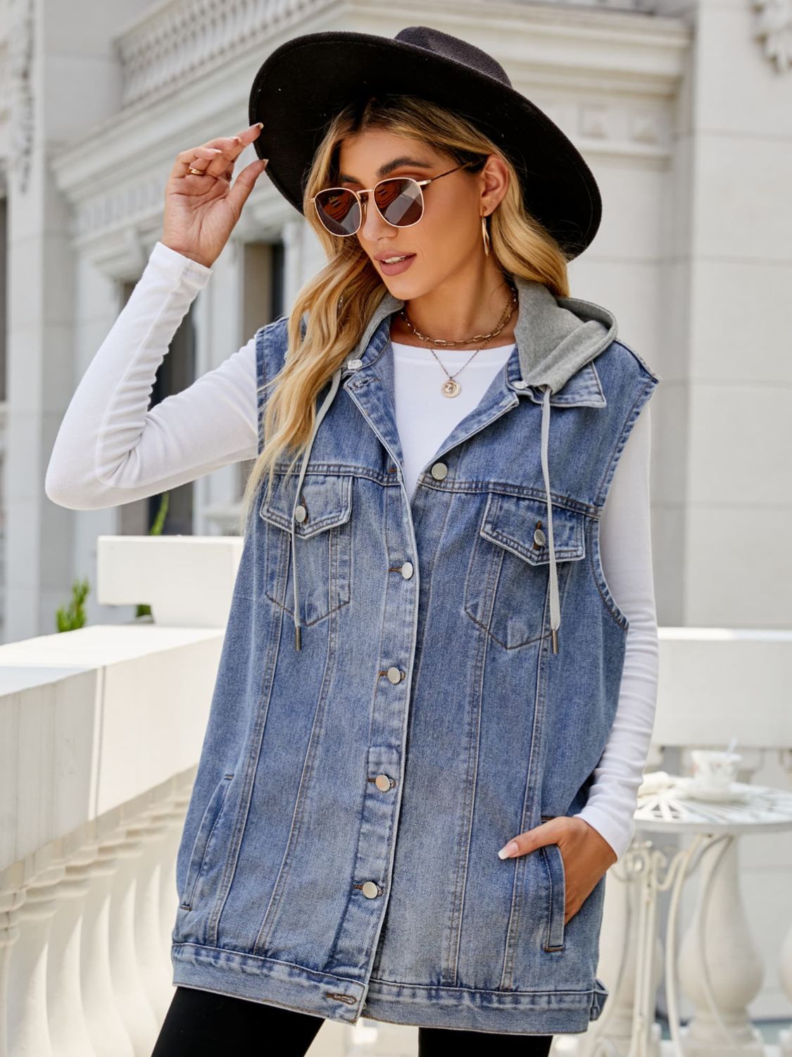 drawstring hooded sleeveless denim top with pockets