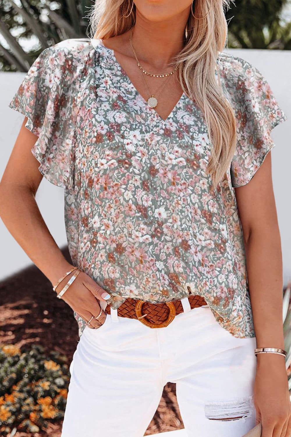 floral v-neck flutter sleeve blouse