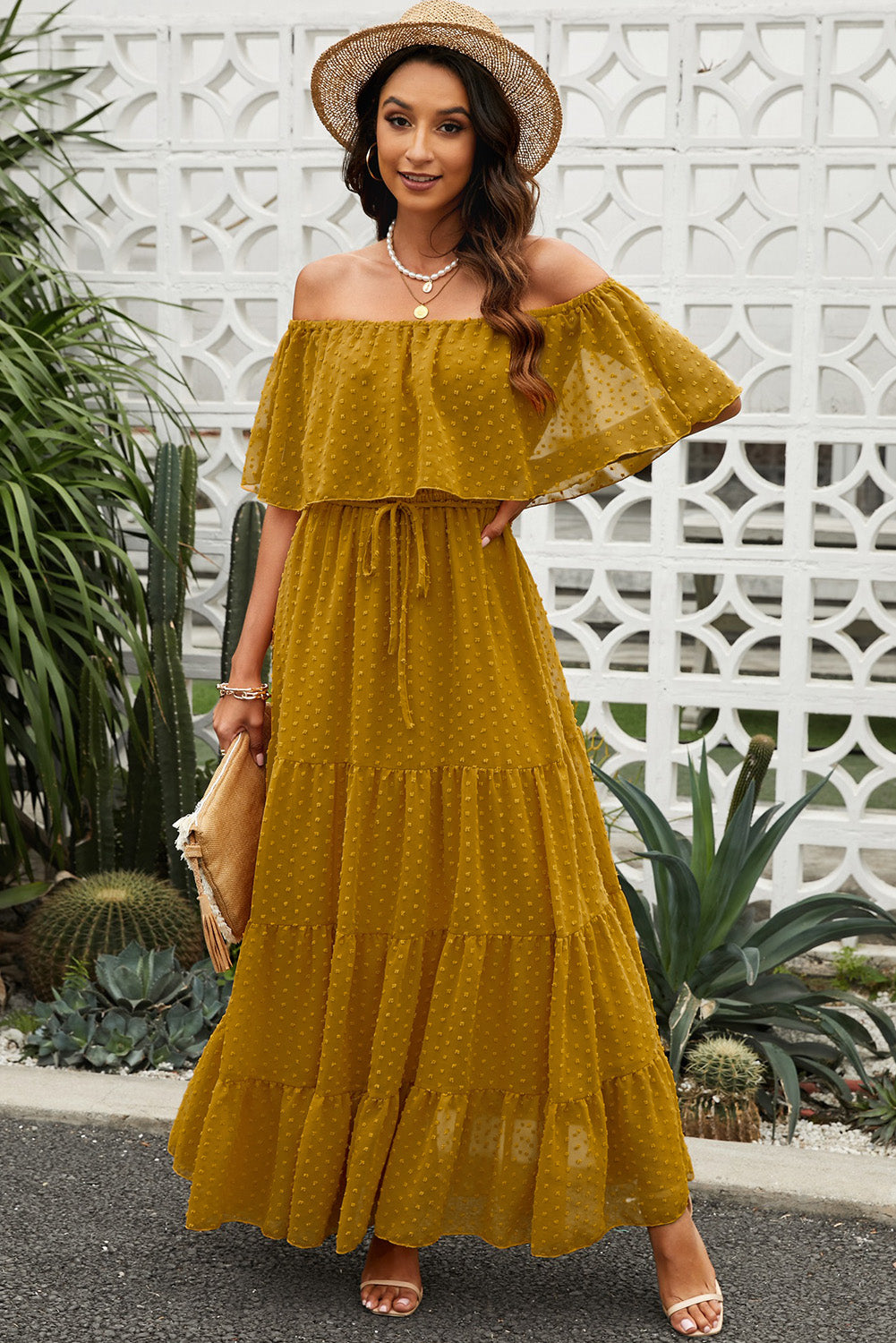 swiss dot off-shoulder tiered maxi dress