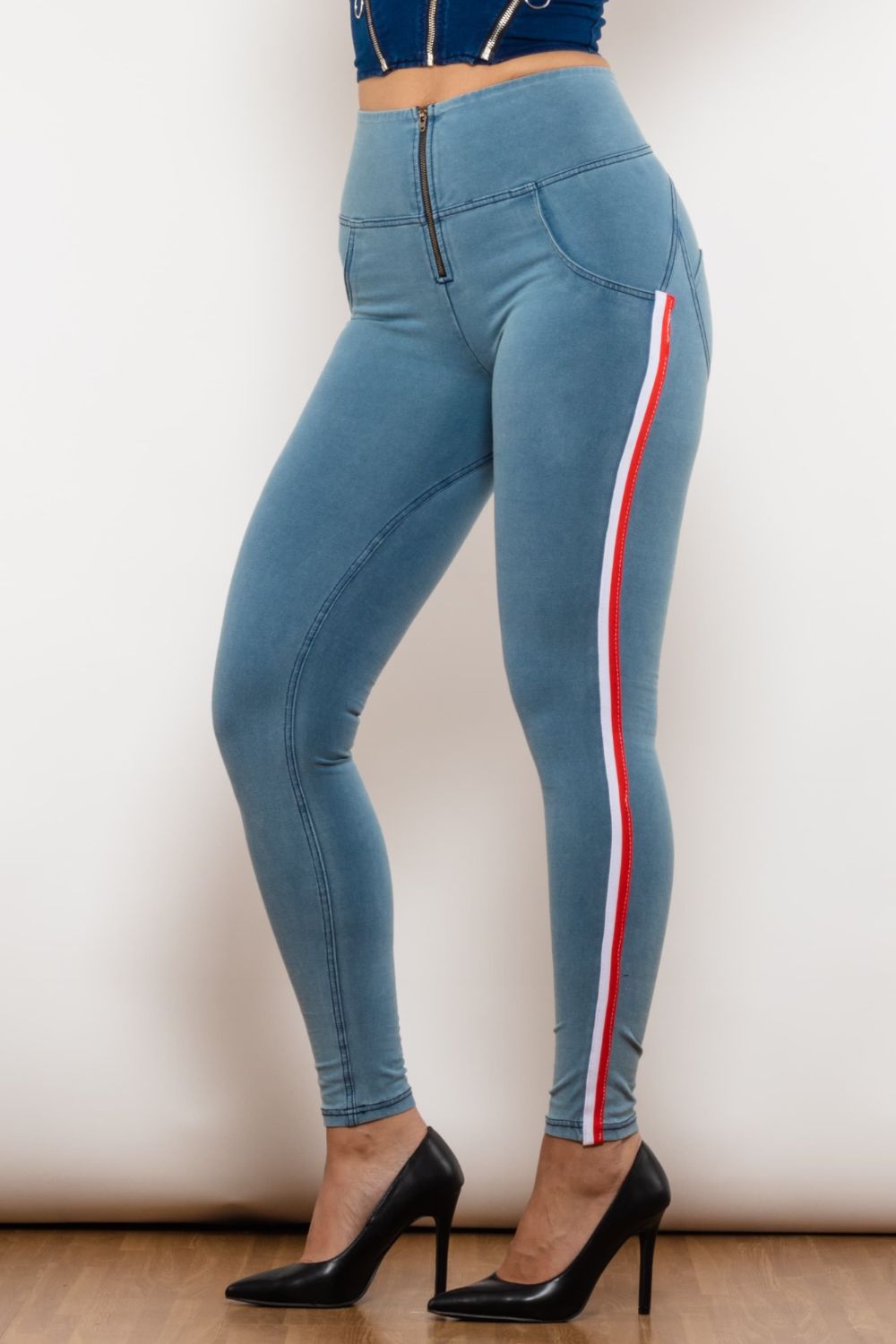 side stripe contrast zip closure skinny jeans