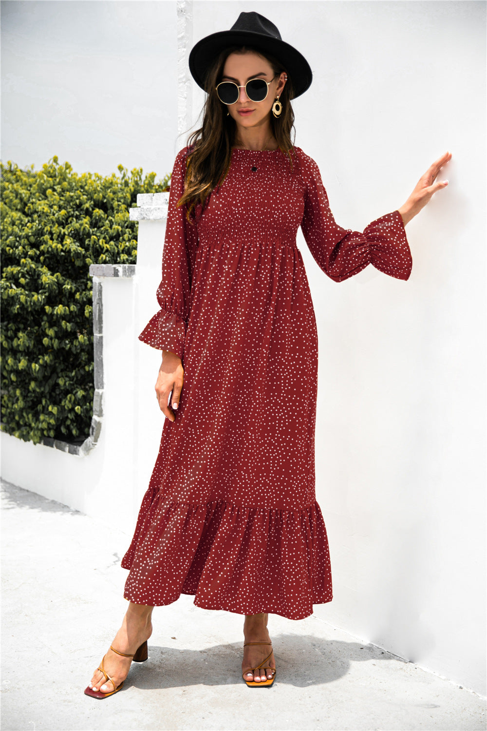 printed puff sleeve ruffle maxi dress