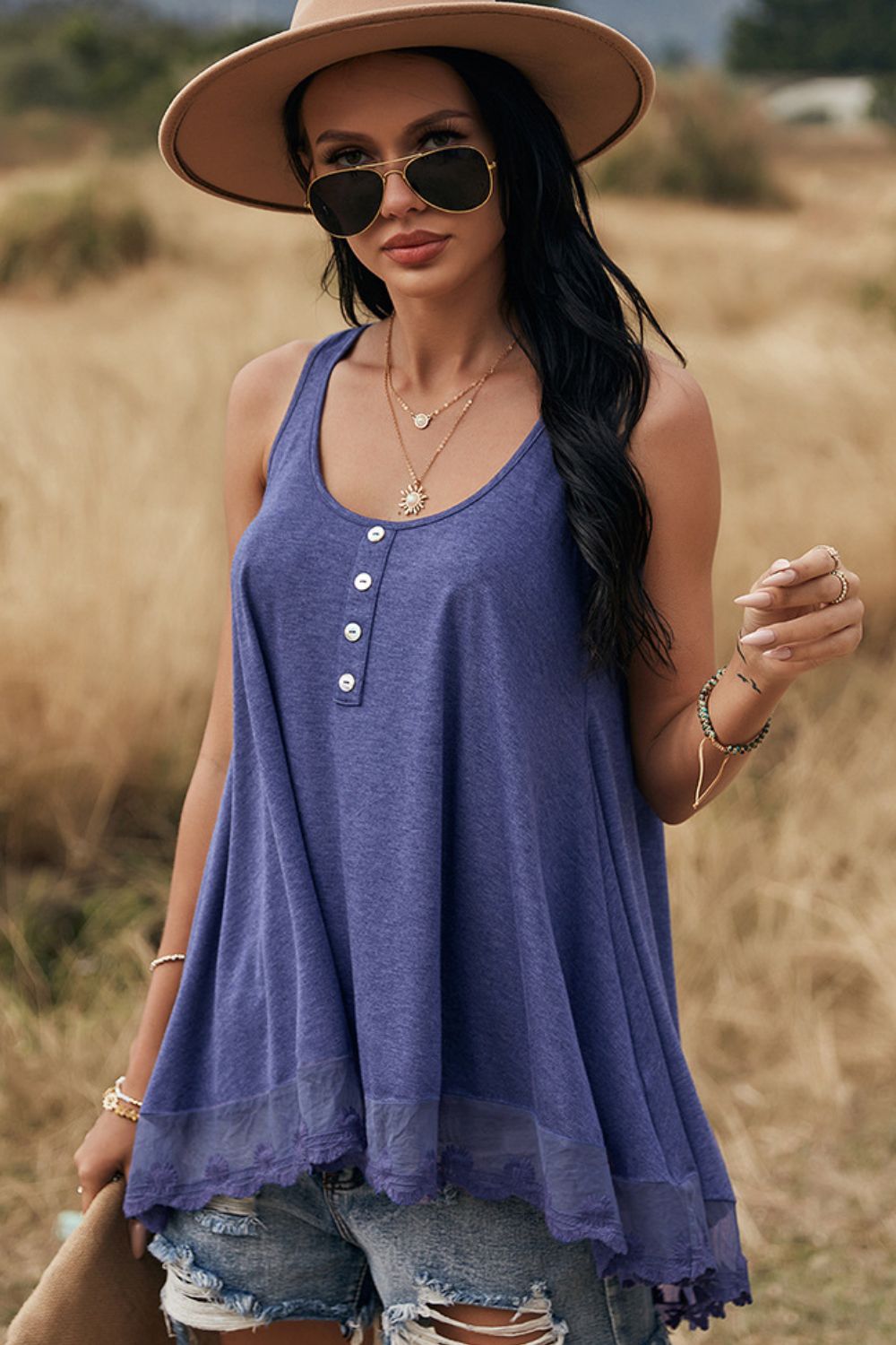 lace trim button detail tank top