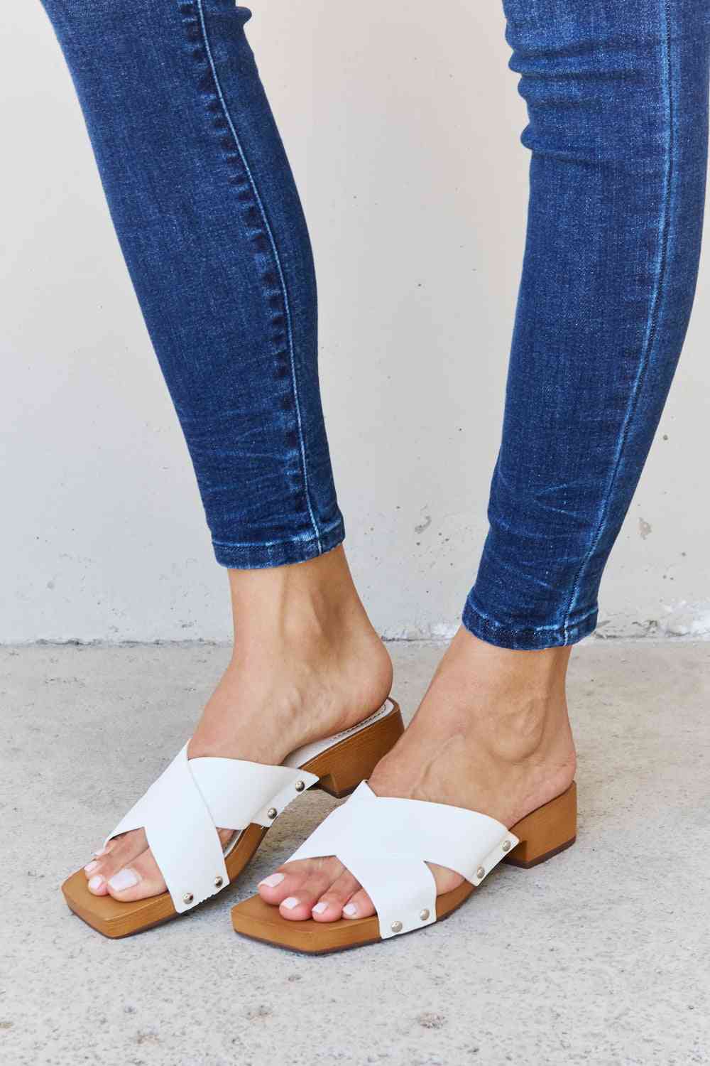 weeboo step into summer criss cross wooden clog mule in white