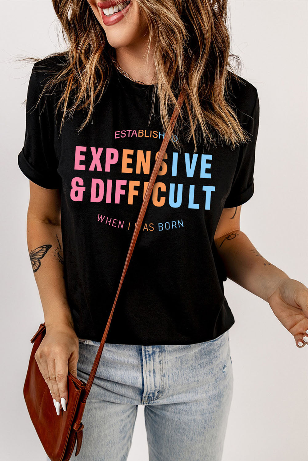 slogan graphic cuffed sleeve tee