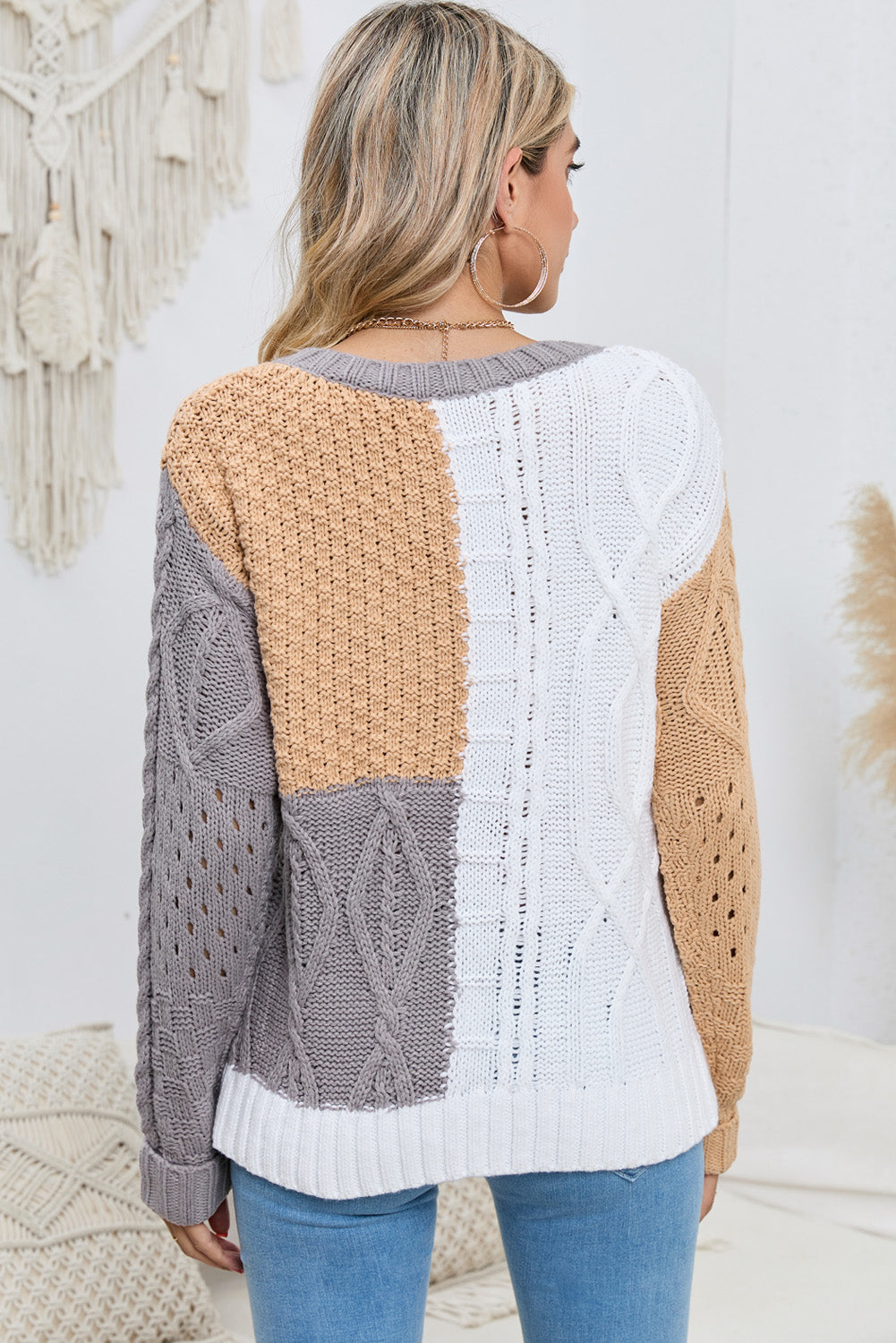 cable-knit openwork round neck color block sweater