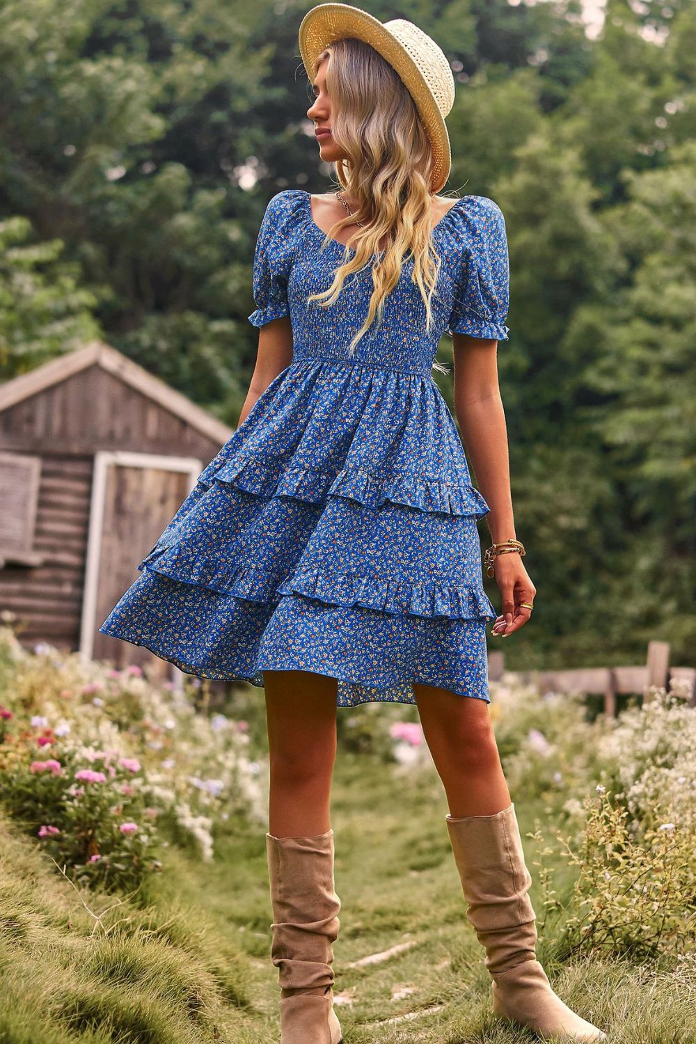 smocked sweetheart neck flounce sleeve mini dress