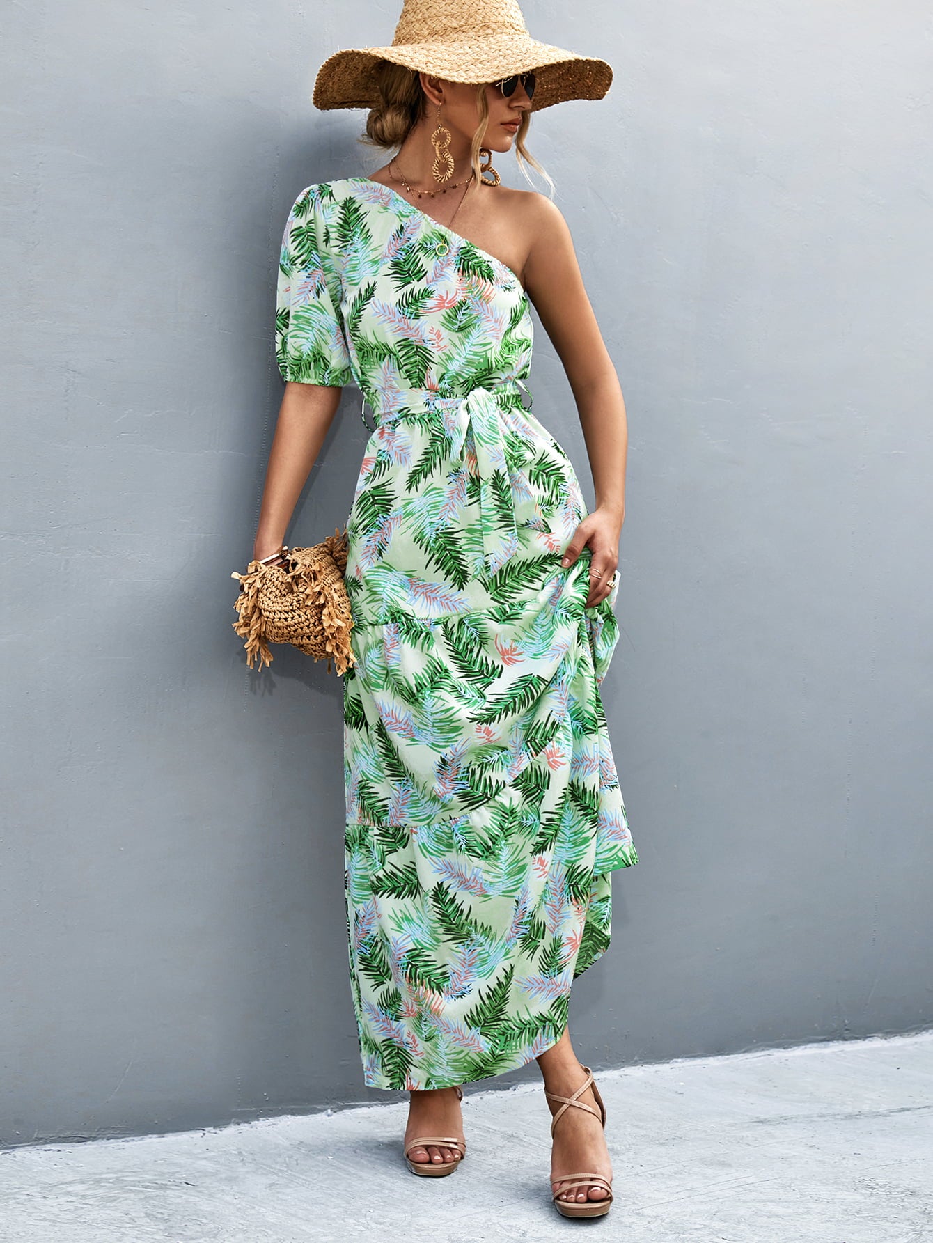 printed tie waist one shoulder maxi dress