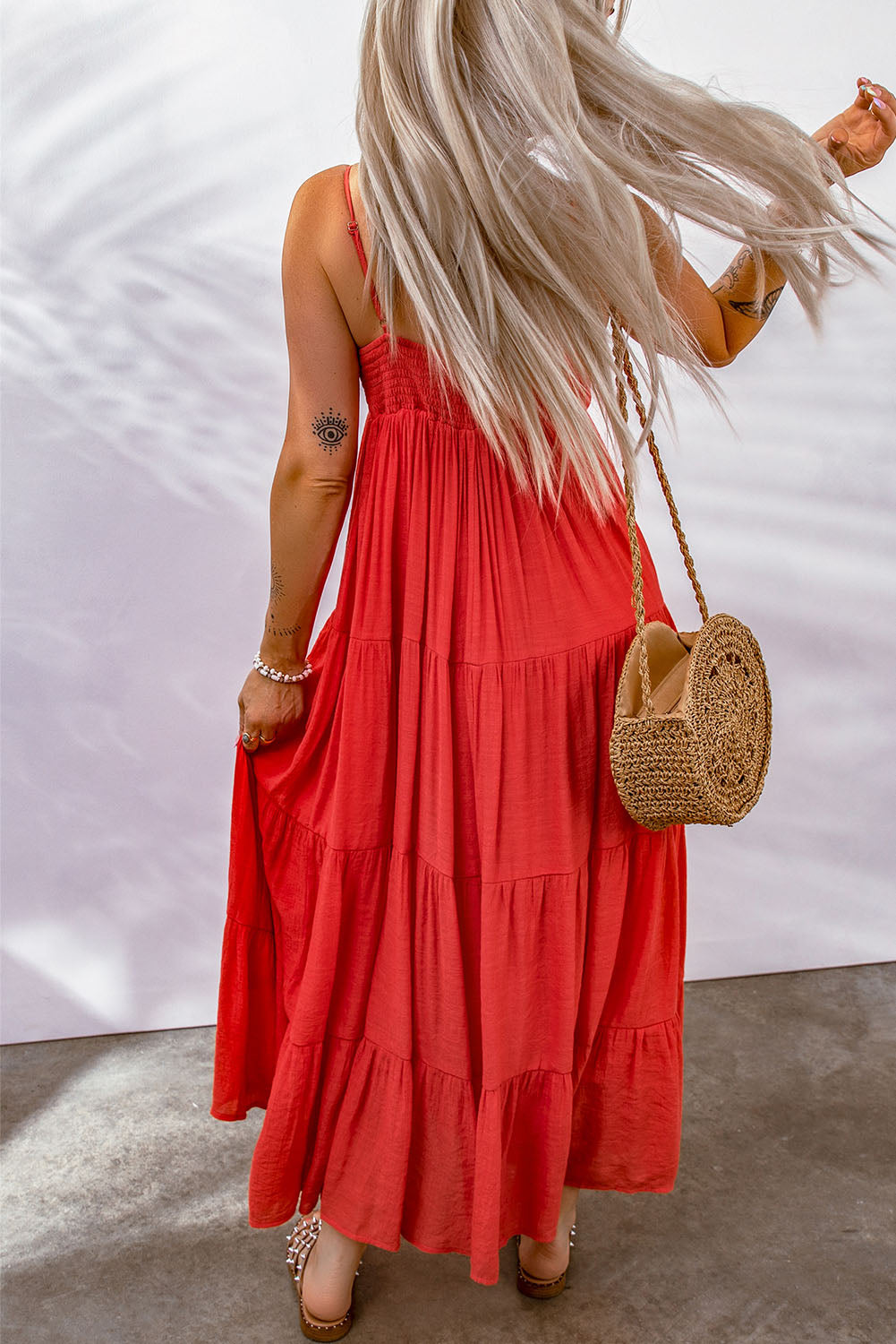 spaghetti strap gathered detail tiered dress