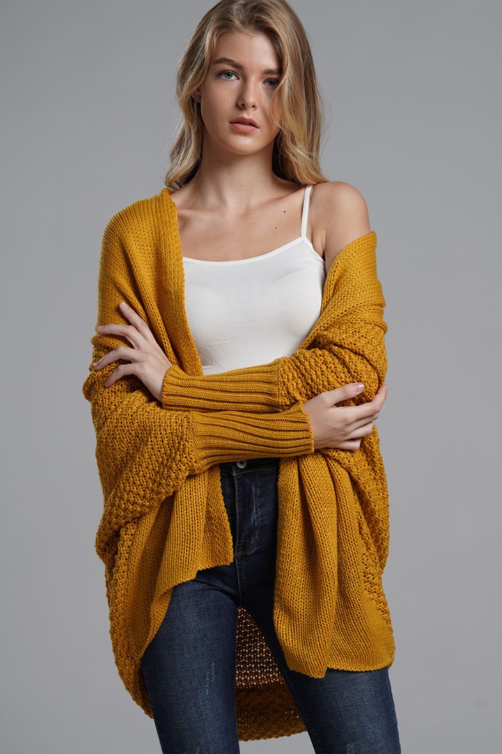 double take dolman sleeve open front ribbed trim longline cardigan