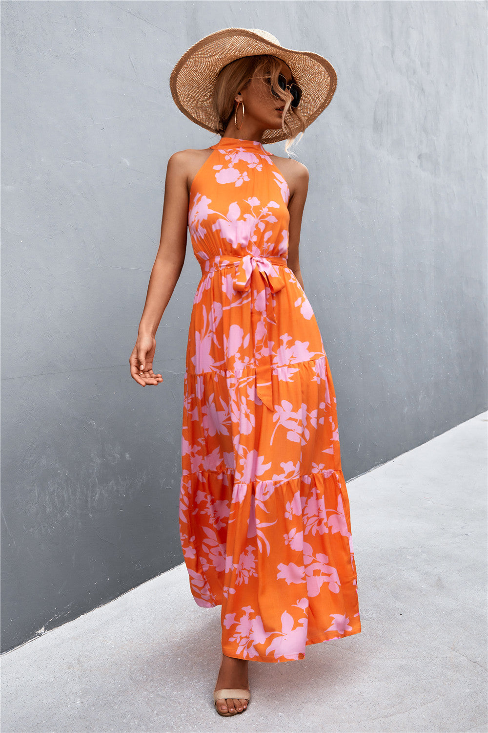 printed sleeveless tie waist maxi dress