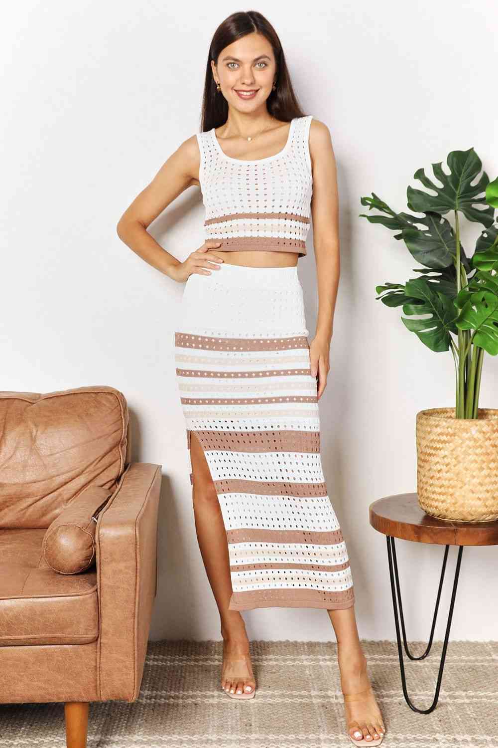 double take striped openwork cropped tank and split skirt set