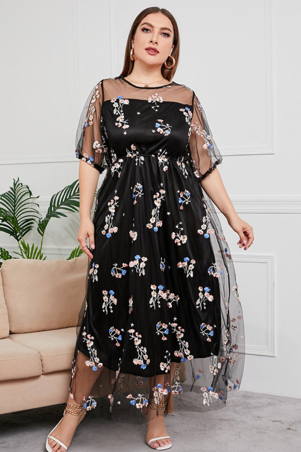 plus size layered mesh round neck maxi dress