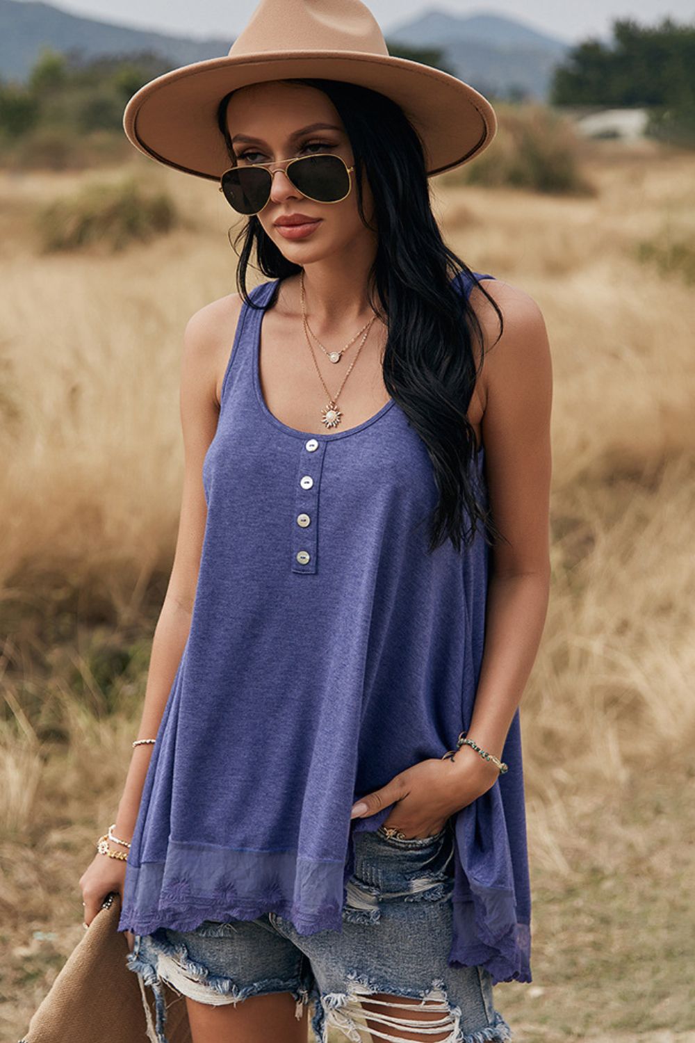 lace trim button detail tank top