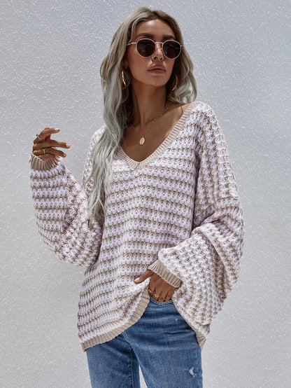 Striped Drop Shoulder V-Neck Pullover Sweater