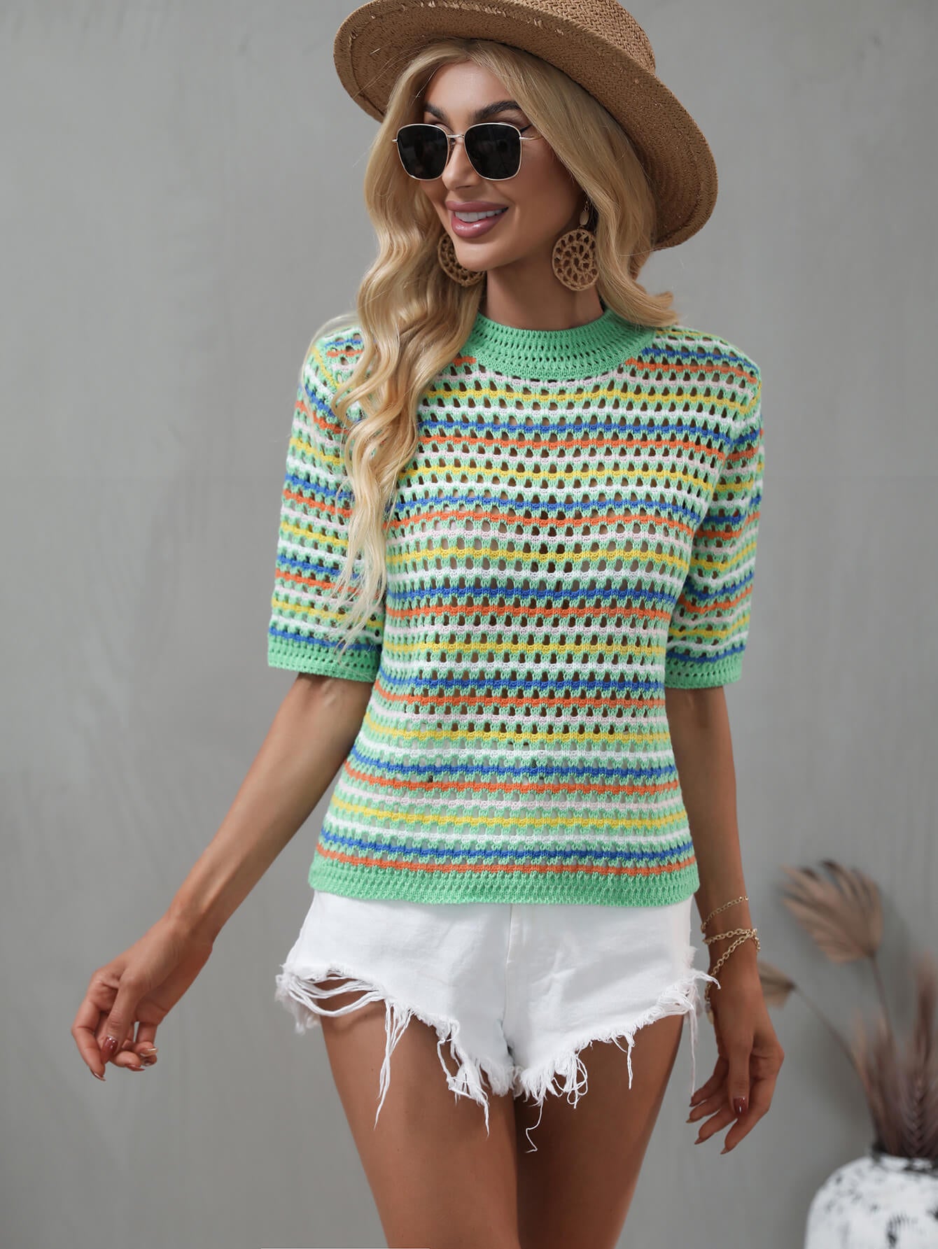 striped openwork half sleeve knit top