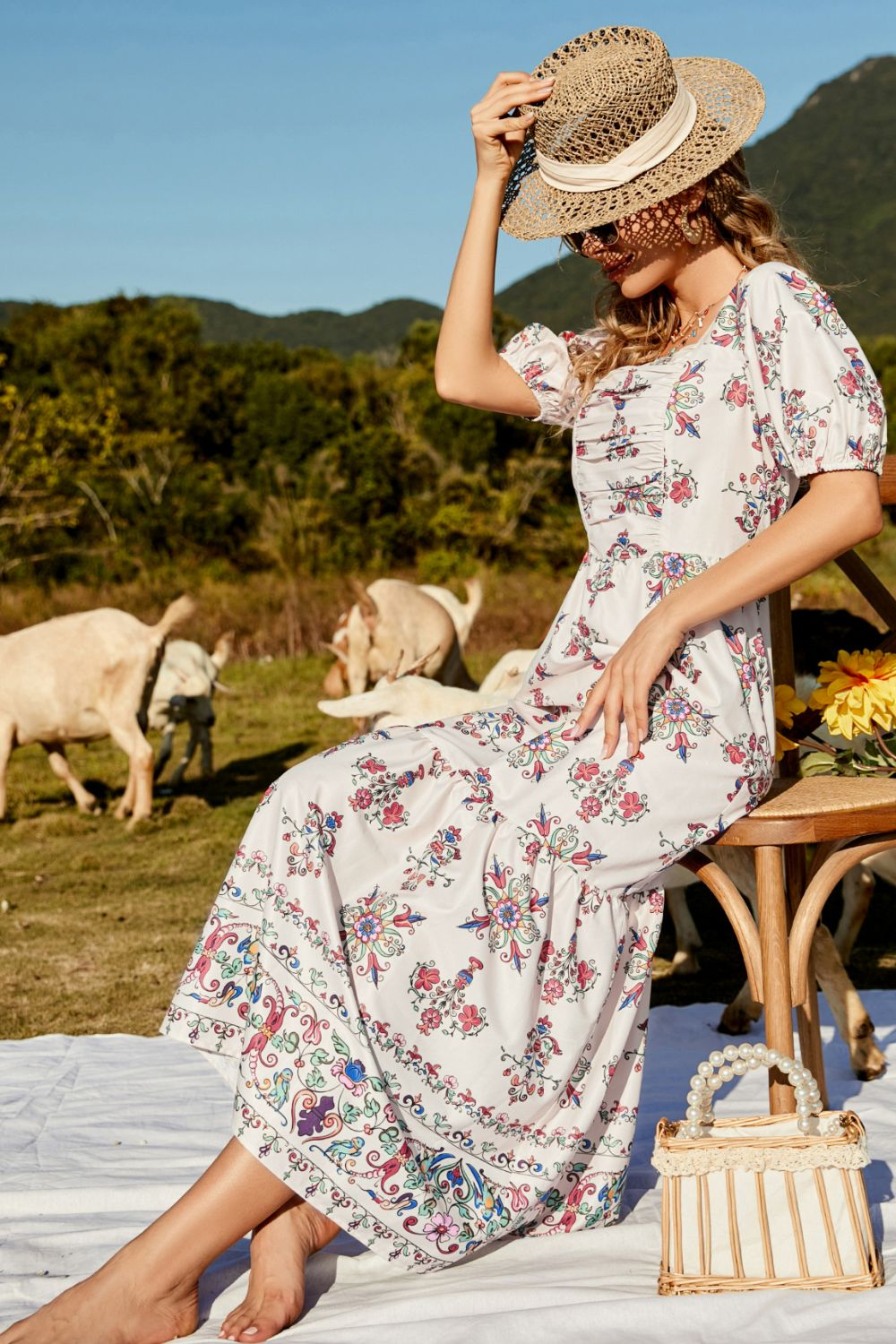 floral ruched puff sleeve tiered maxi dress