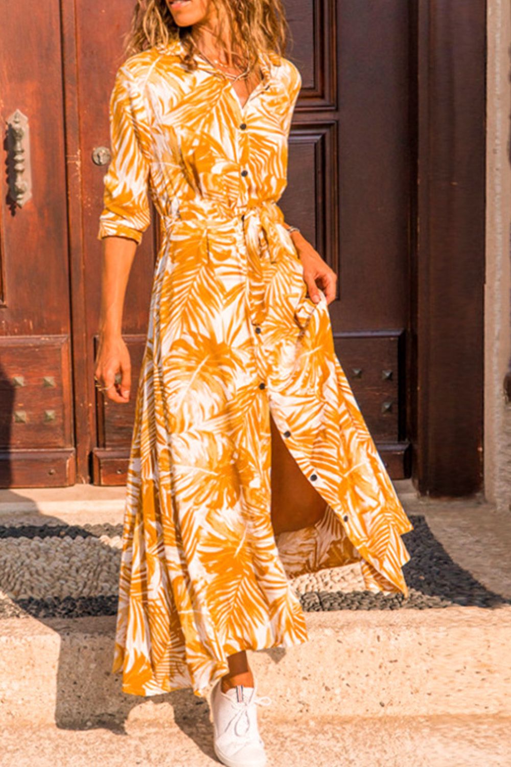 botanical print maxi shirt dress