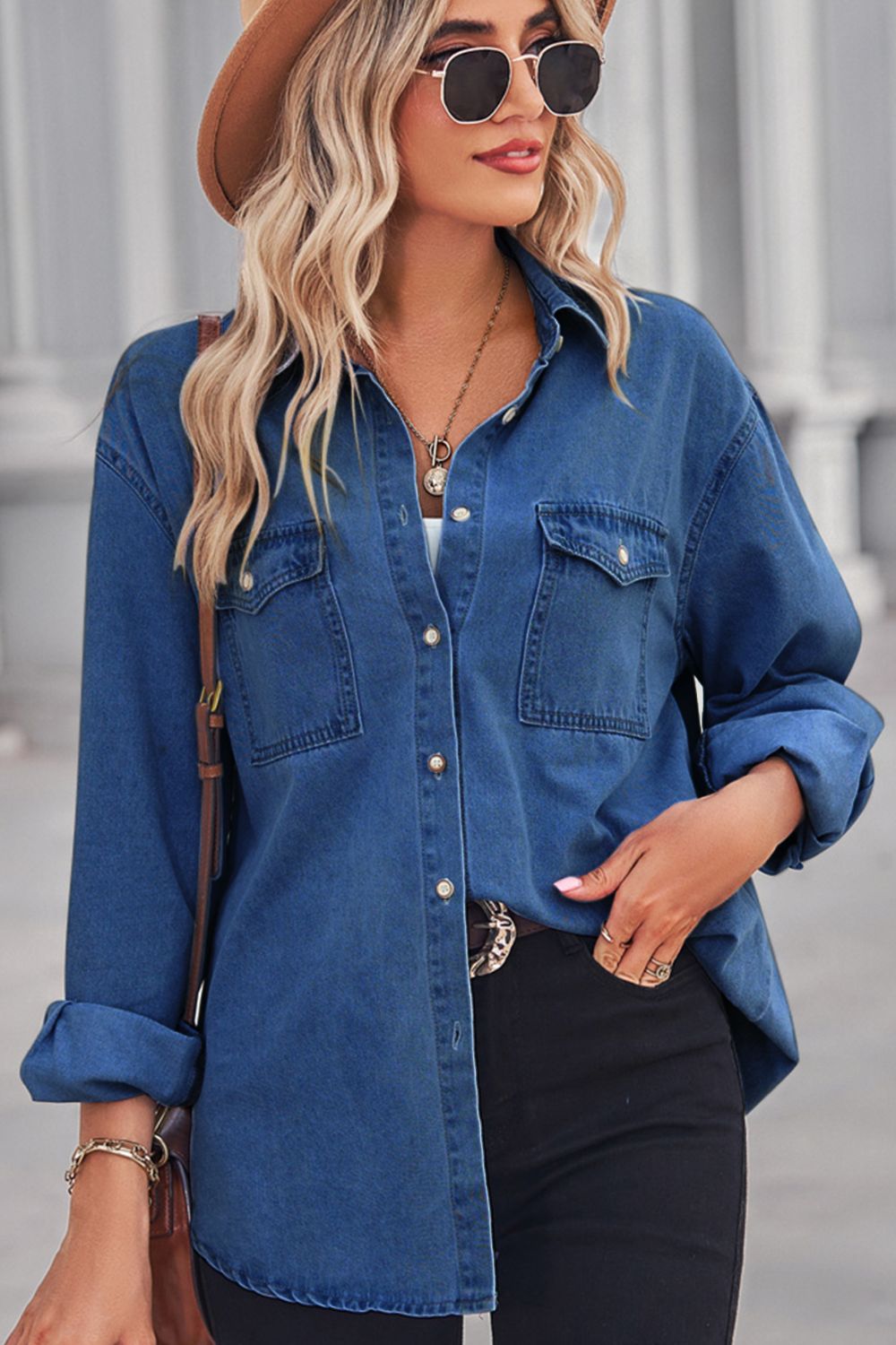 collared neck dropped shoulder denim top